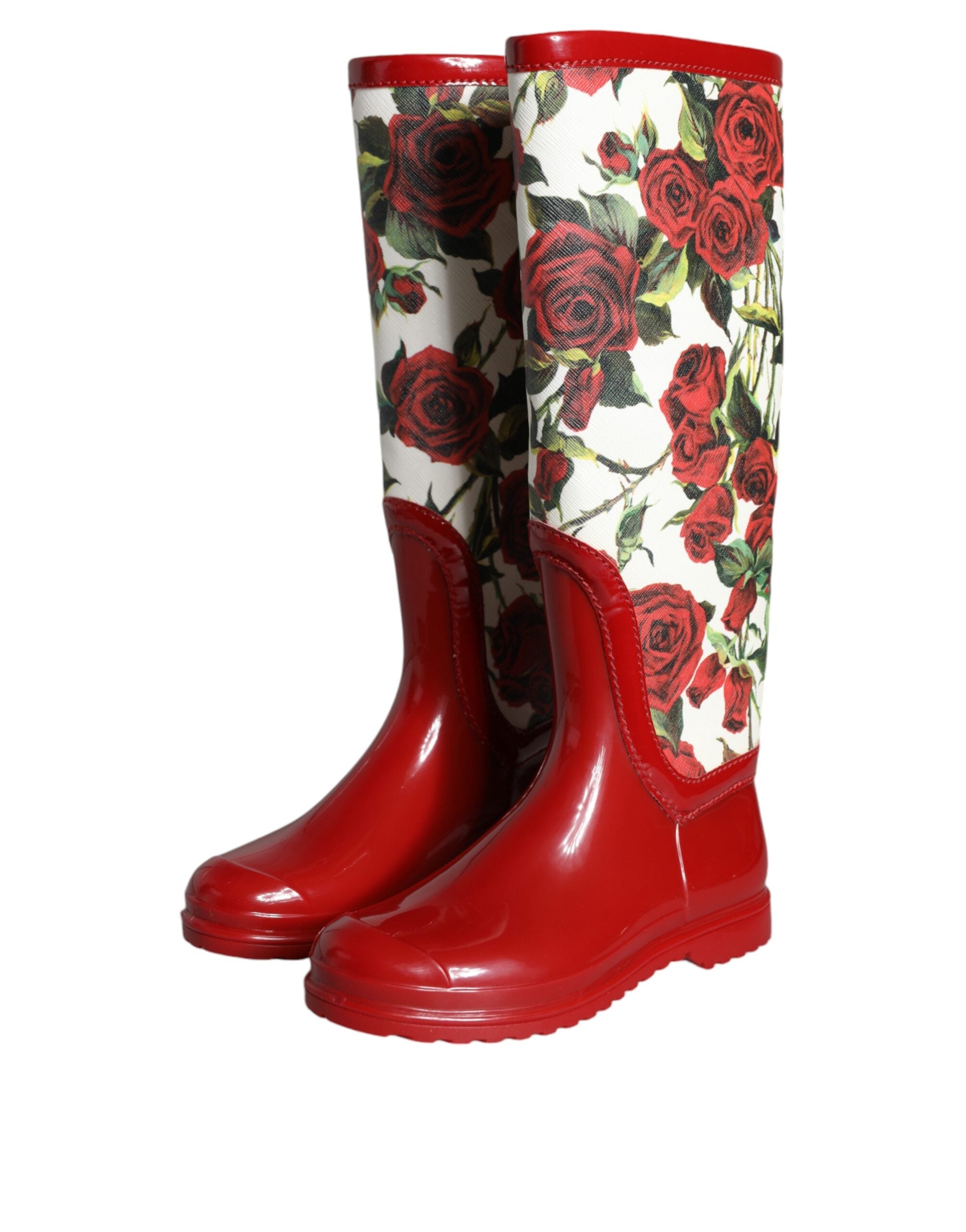 Dolce & Gabbana red floral knee-high flat rubber boots shoes-3