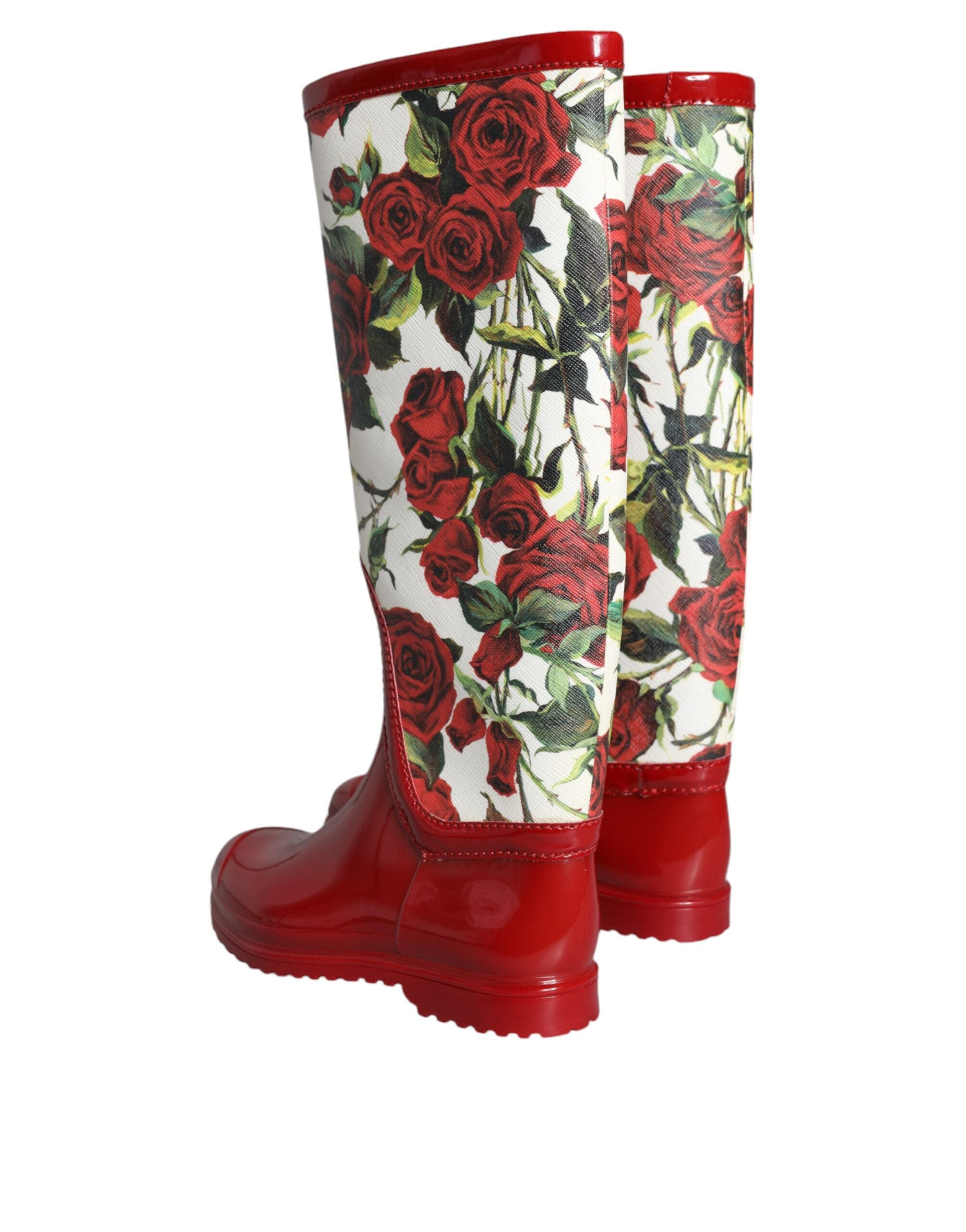 Dolce & Gabbana red floral knee-high flat rubber boots shoes-4