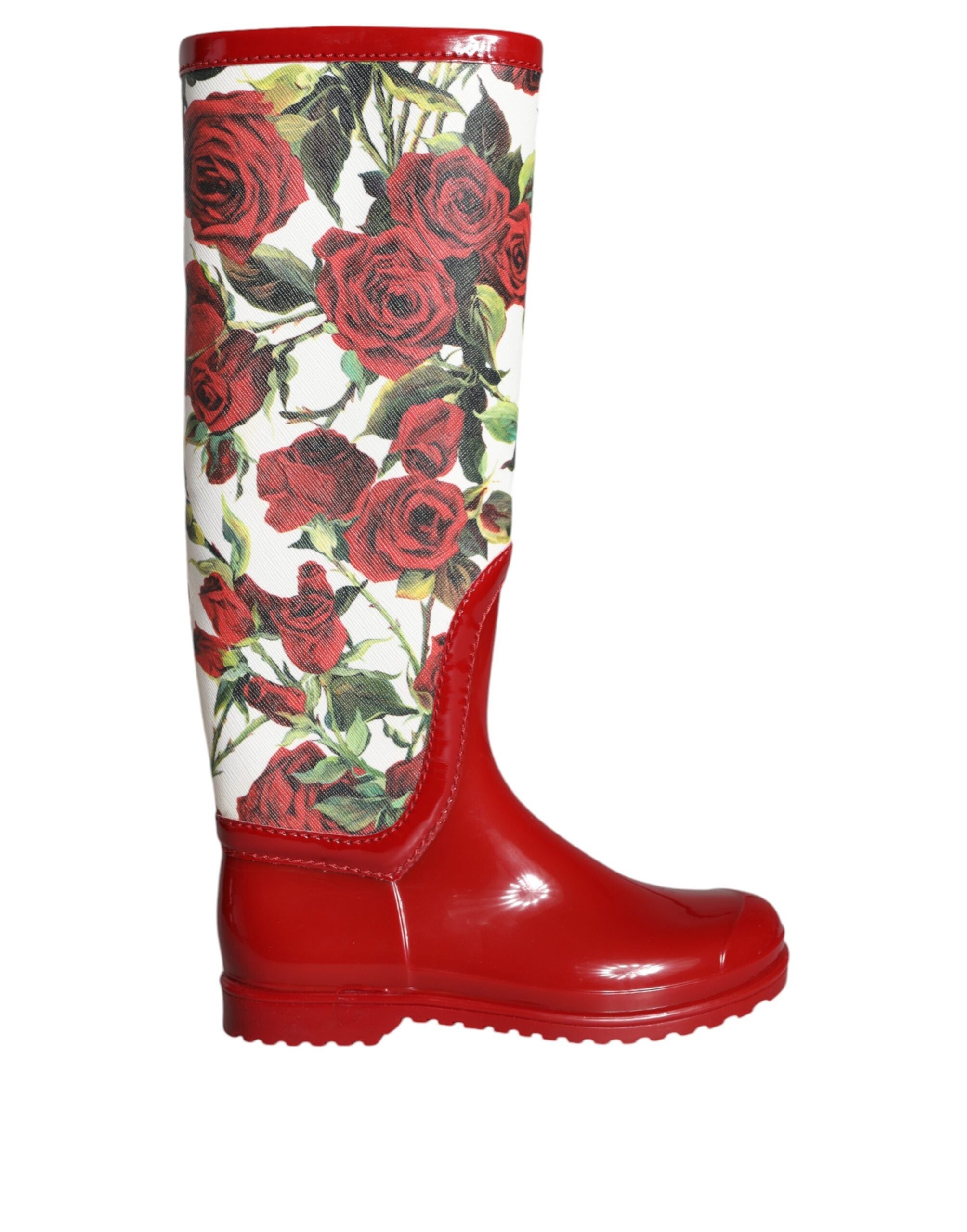 Dolce & Gabbana red floral knee-high flat rubber boots shoes-1