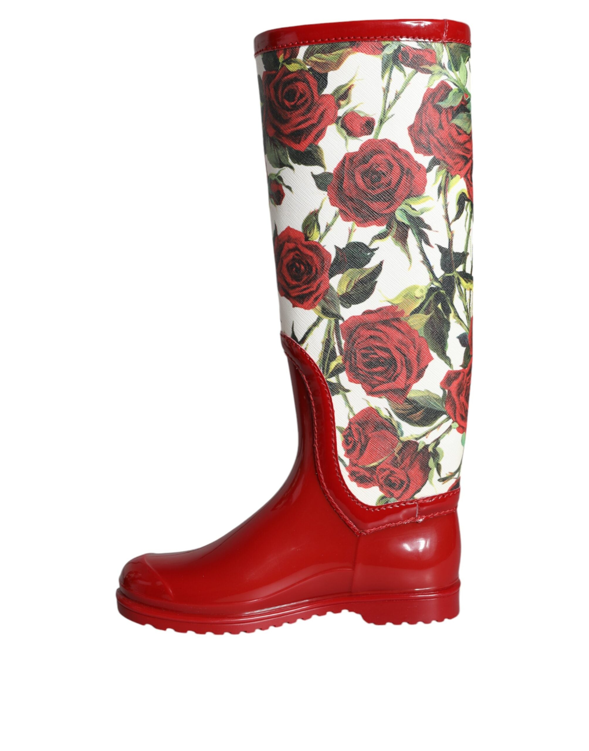 Dolce & Gabbana red floral knee-high flat rubber boots shoes-5