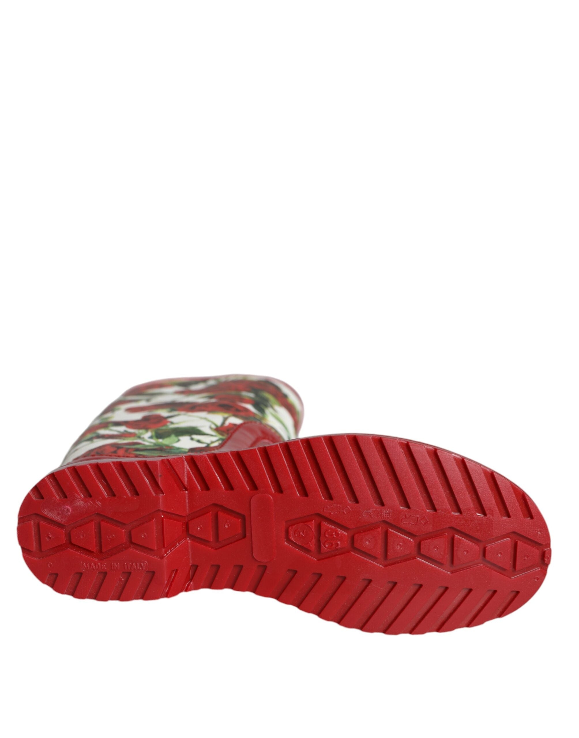 Dolce & Gabbana red floral knee-high flat rubber boots shoes-6