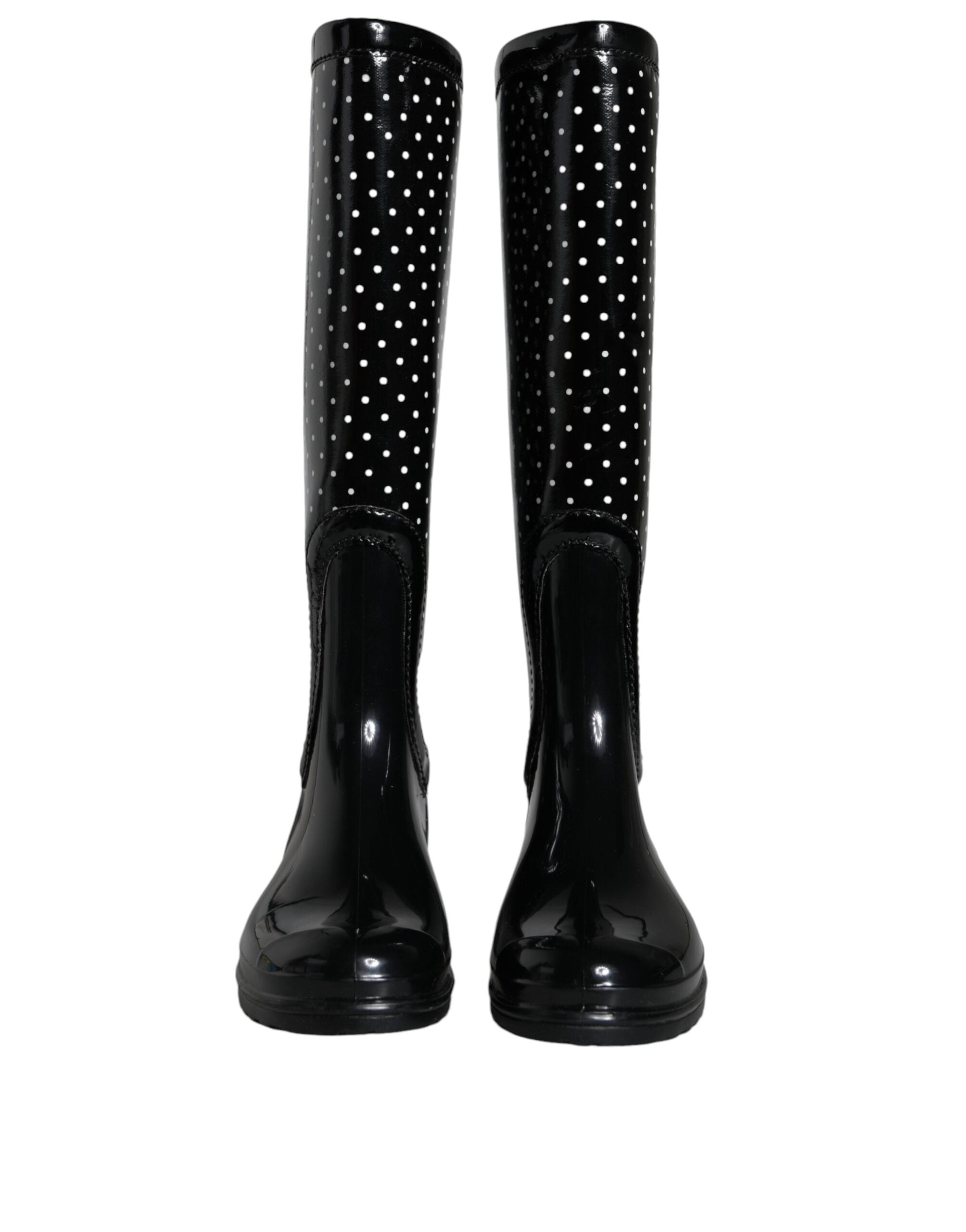 Dolce & Gabbana Schwarze gepunktete kniehohe Gummistiefel Schuhe-2