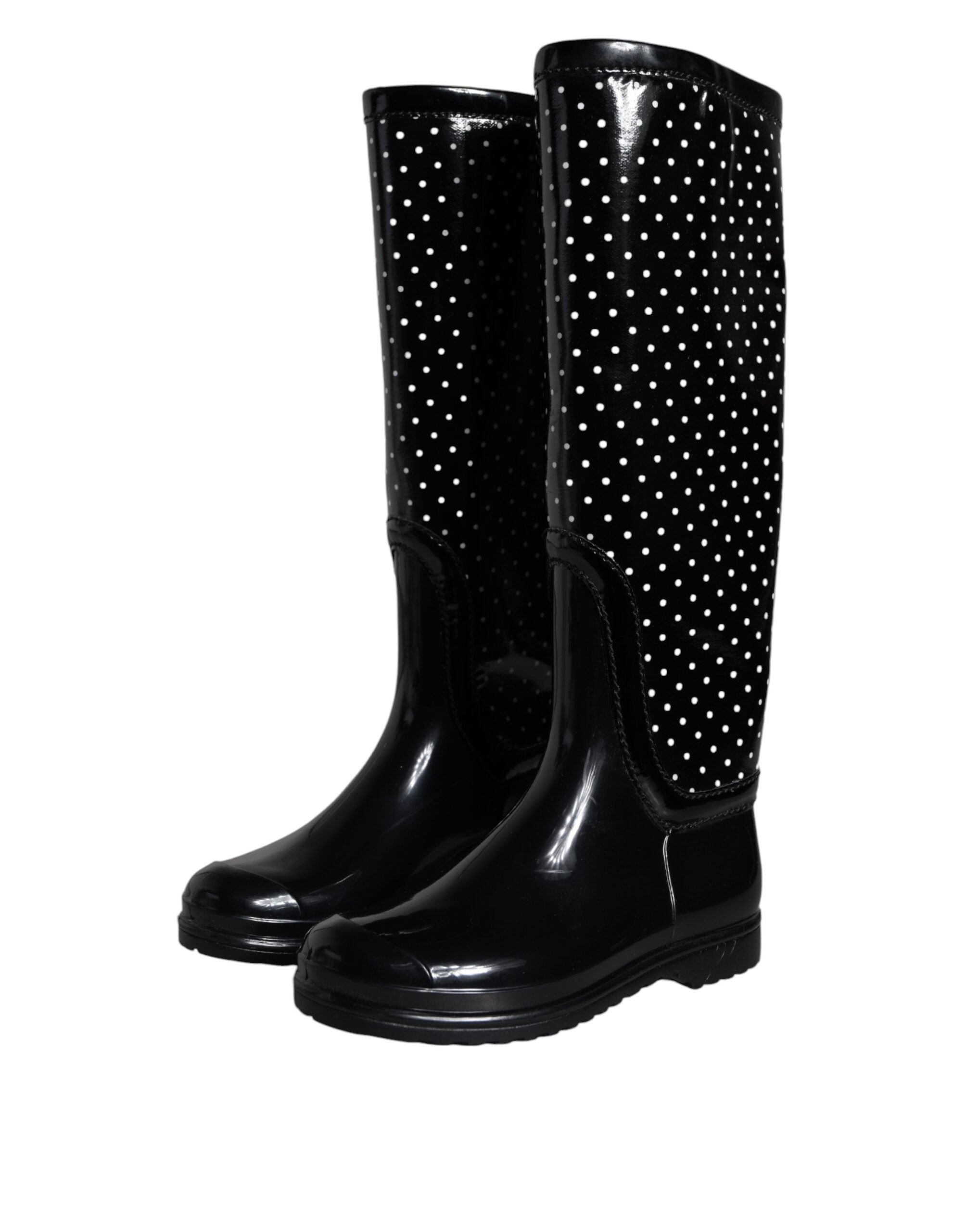 Dolce & Gabbana Schwarze gepunktete kniehohe Gummistiefel Schuhe-3