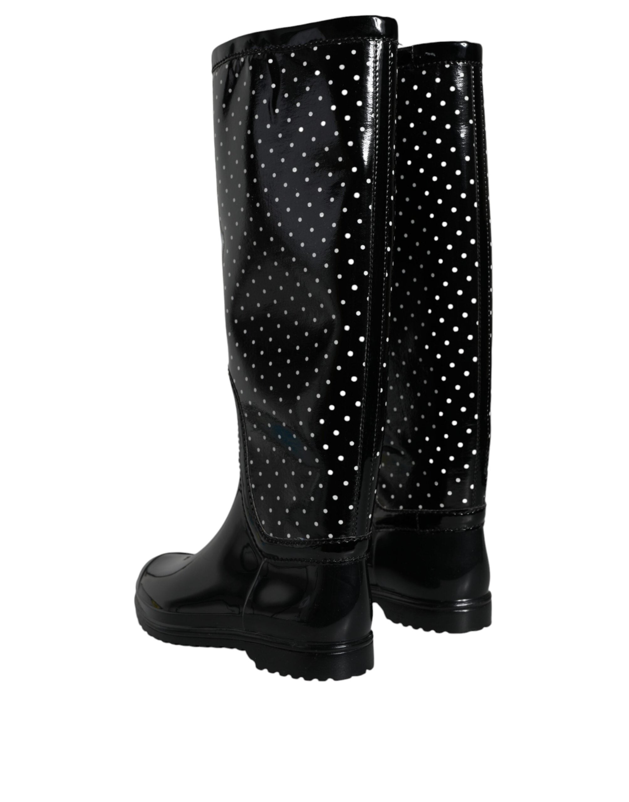 Dolce & Gabbana Schwarze gepunktete kniehohe Gummistiefel Schuhe-4