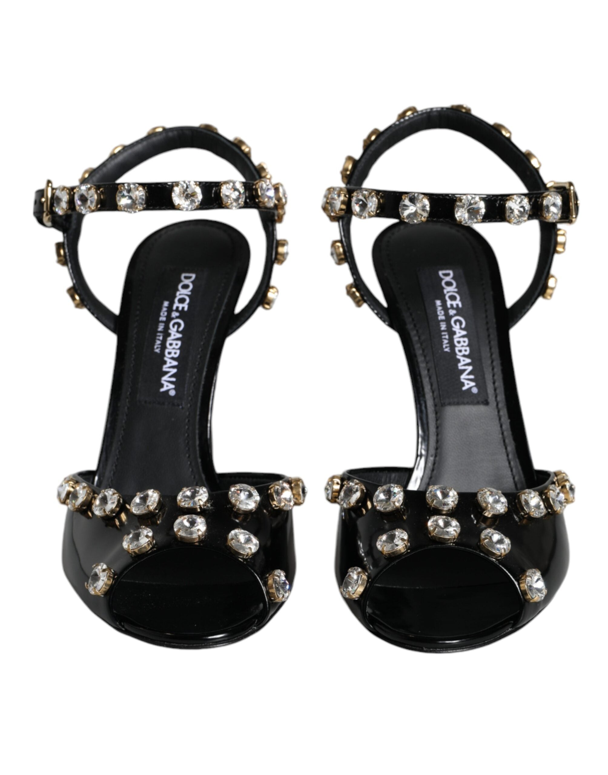 Dolce & Gabbana Black Leather Crystal Ankle Strap Sandals Shoes-2