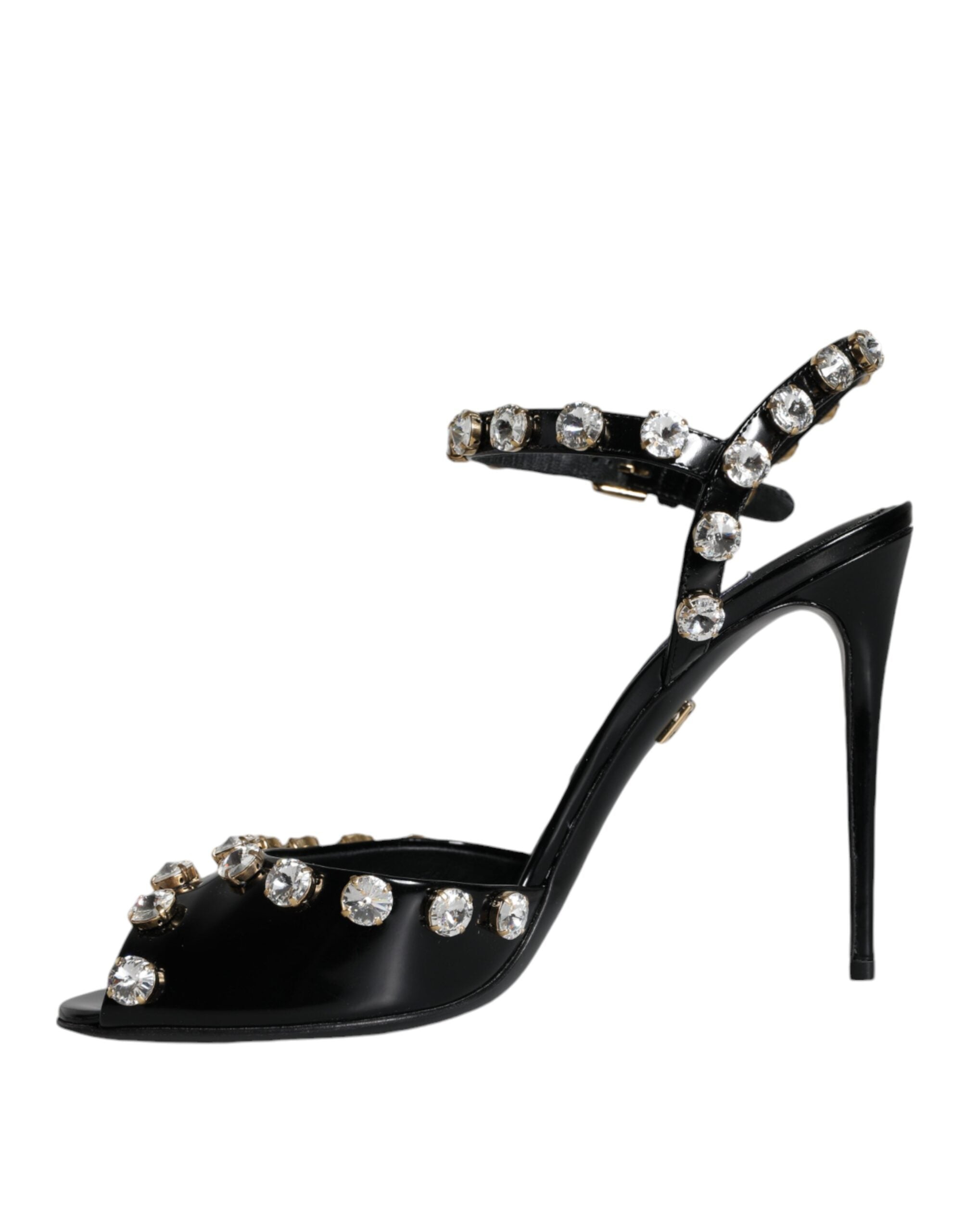 Dolce & Gabbana Black Leather Crystal Ankle Strap Sandals Shoes-5
