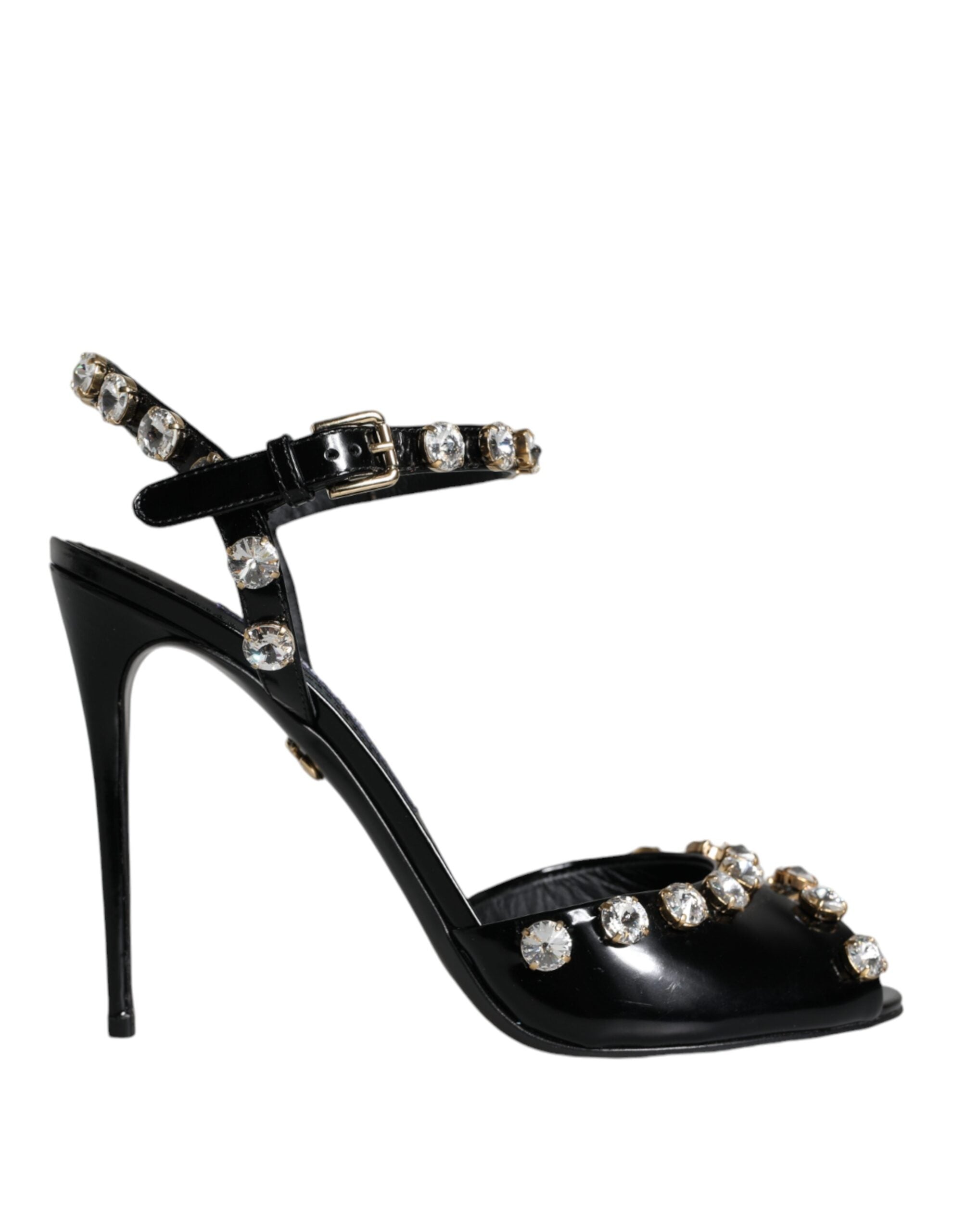 Dolce & Gabbana Black Leather Crystal Ankle Strap Sandals Shoes-1