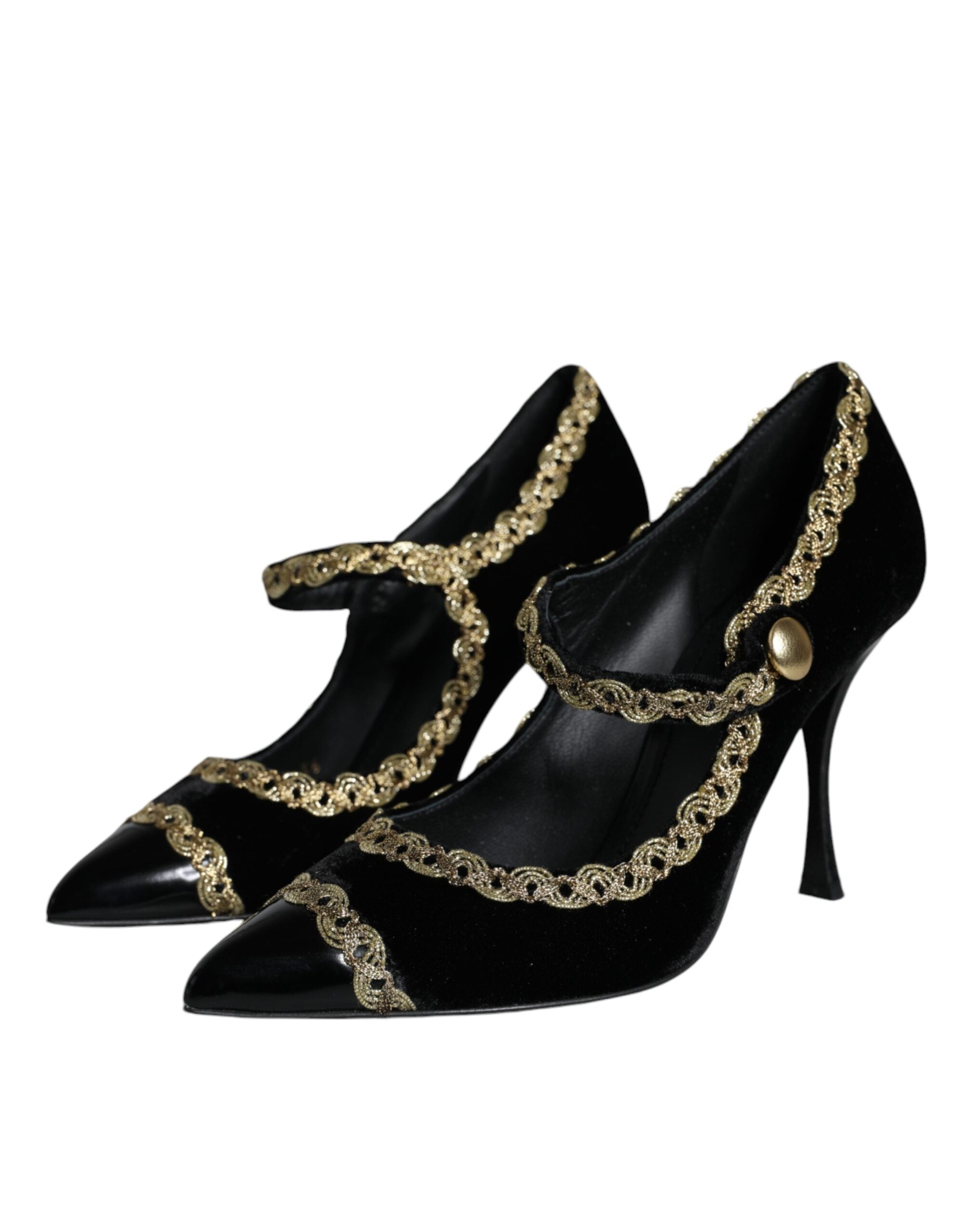 Dolce & Gabbana Black Mary Janes Velvet Gold Pumps Shoes-3