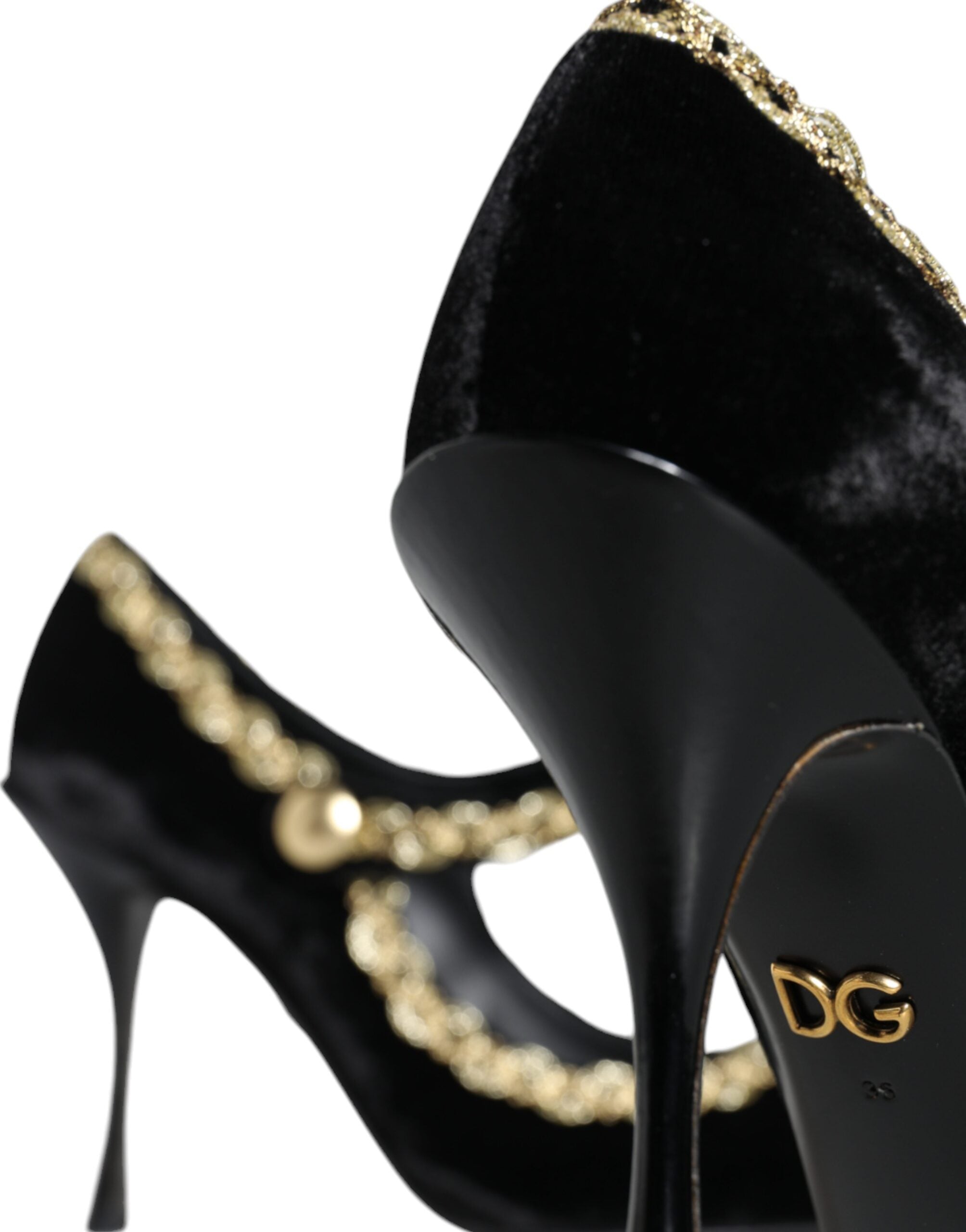 Dolce & Gabbana Black Mary Janes Velvet Gold Pumps Shoes-5