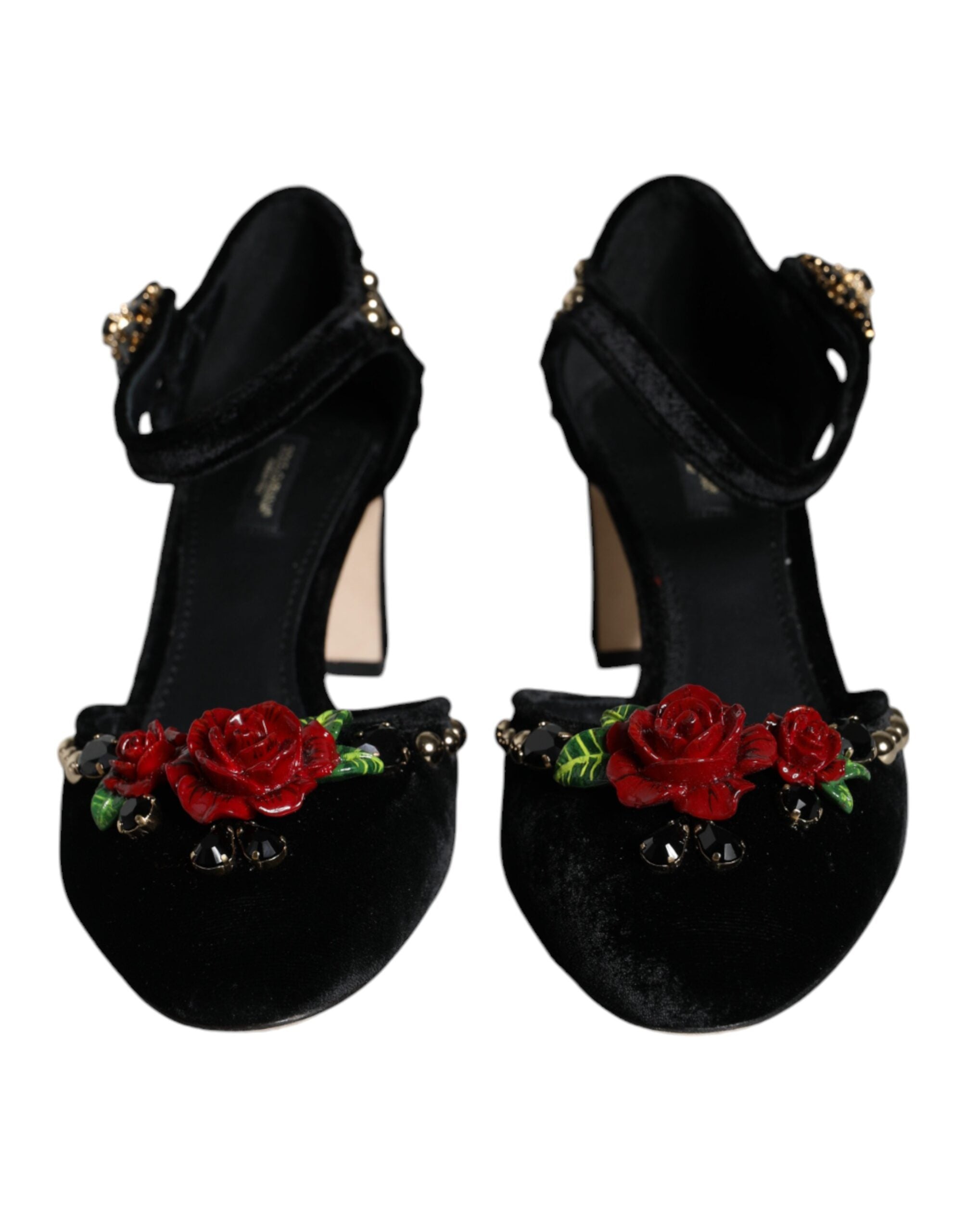 Zapatos de tacón con tira al tobillo y diseño de rosas en terciopelo negro de Dolce & Gabbana-2