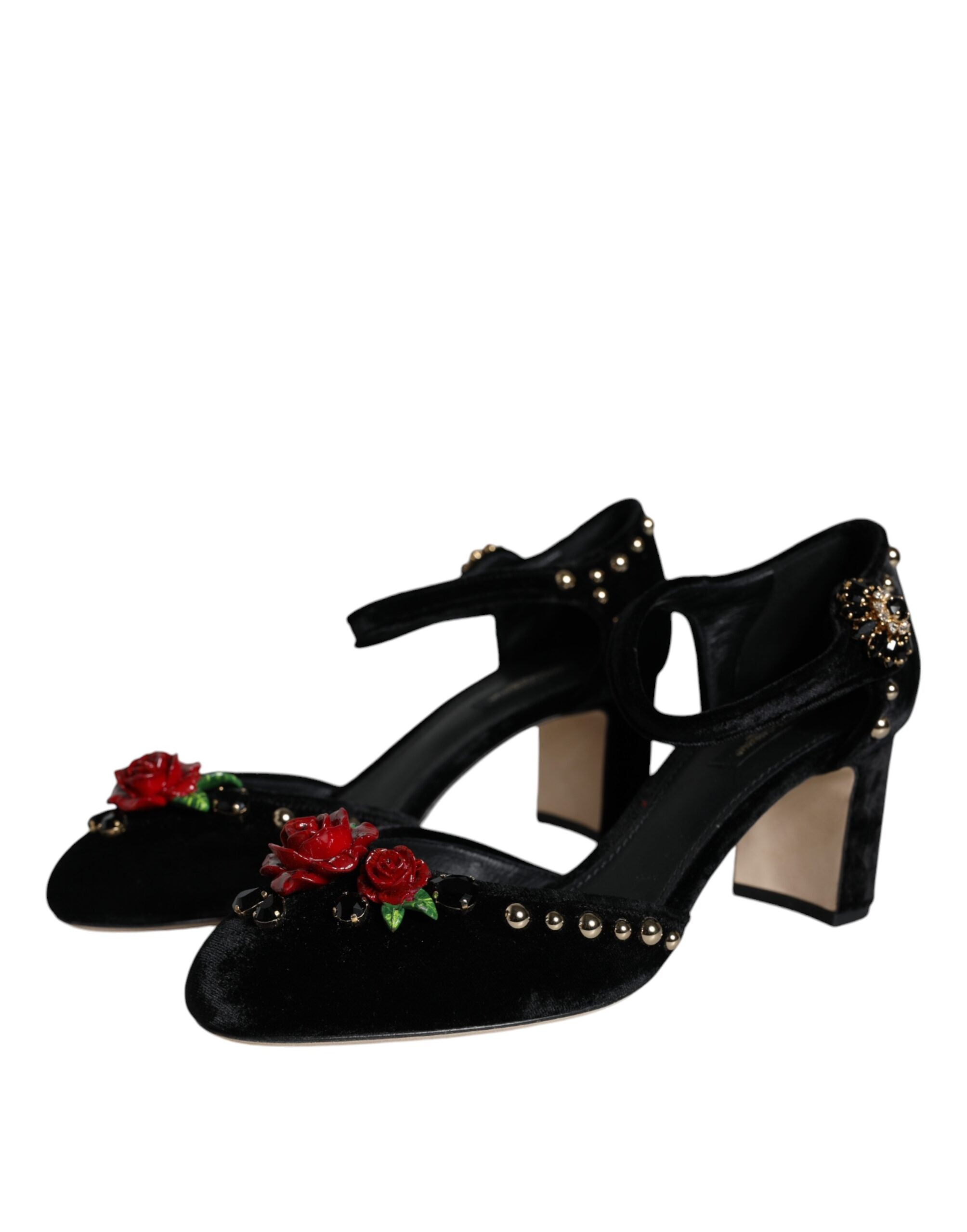 Zapatos de tacón con tira al tobillo y diseño de rosas en terciopelo negro de Dolce & Gabbana-3