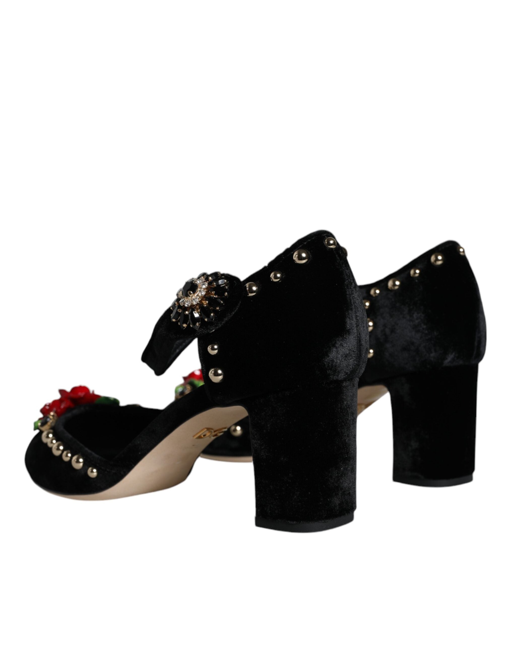 Zapatos de tacón con tira al tobillo y diseño de rosas en terciopelo negro de Dolce & Gabbana-4