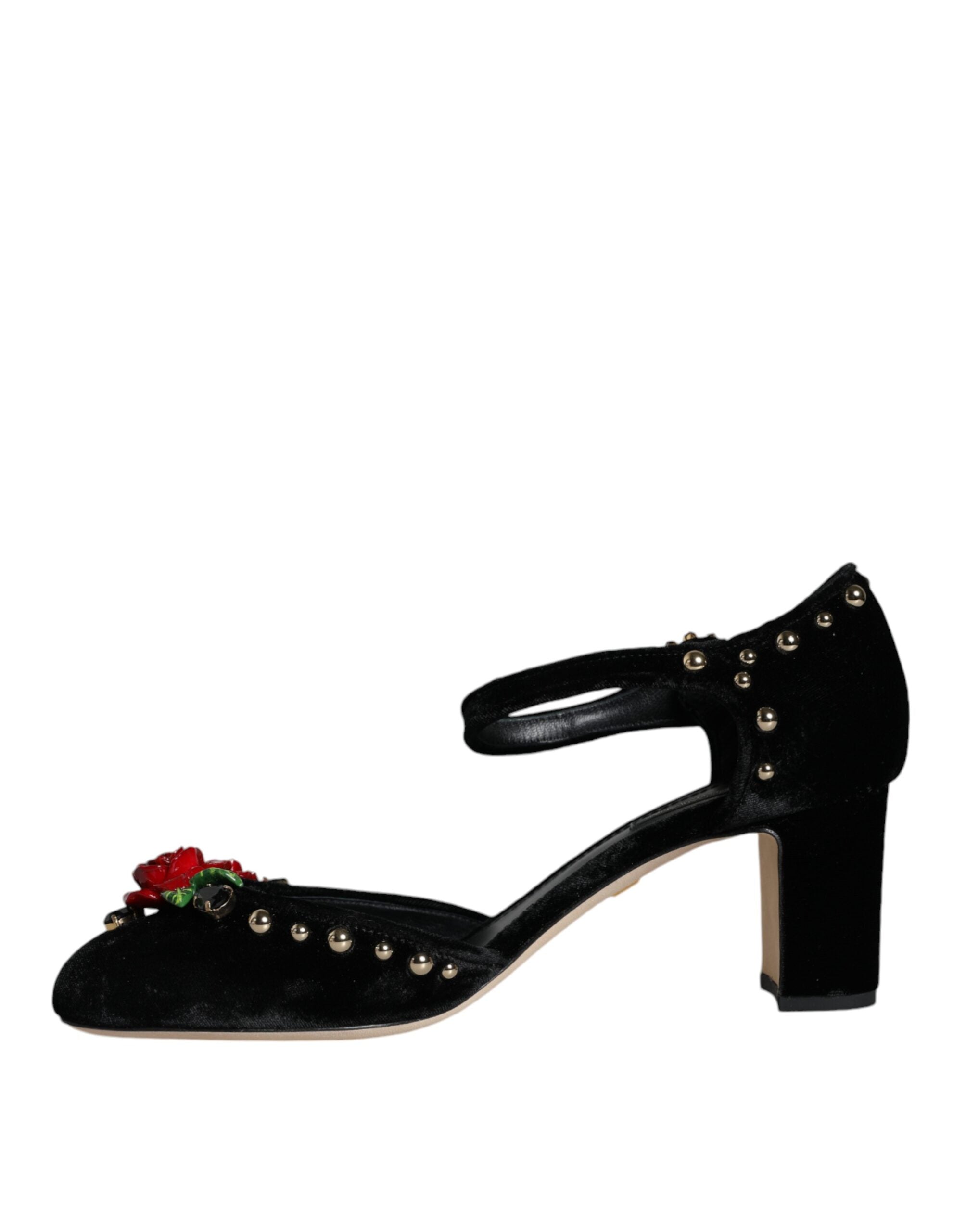 Zapatos de tacón con tira al tobillo y diseño de rosas en terciopelo negro de Dolce & Gabbana-5