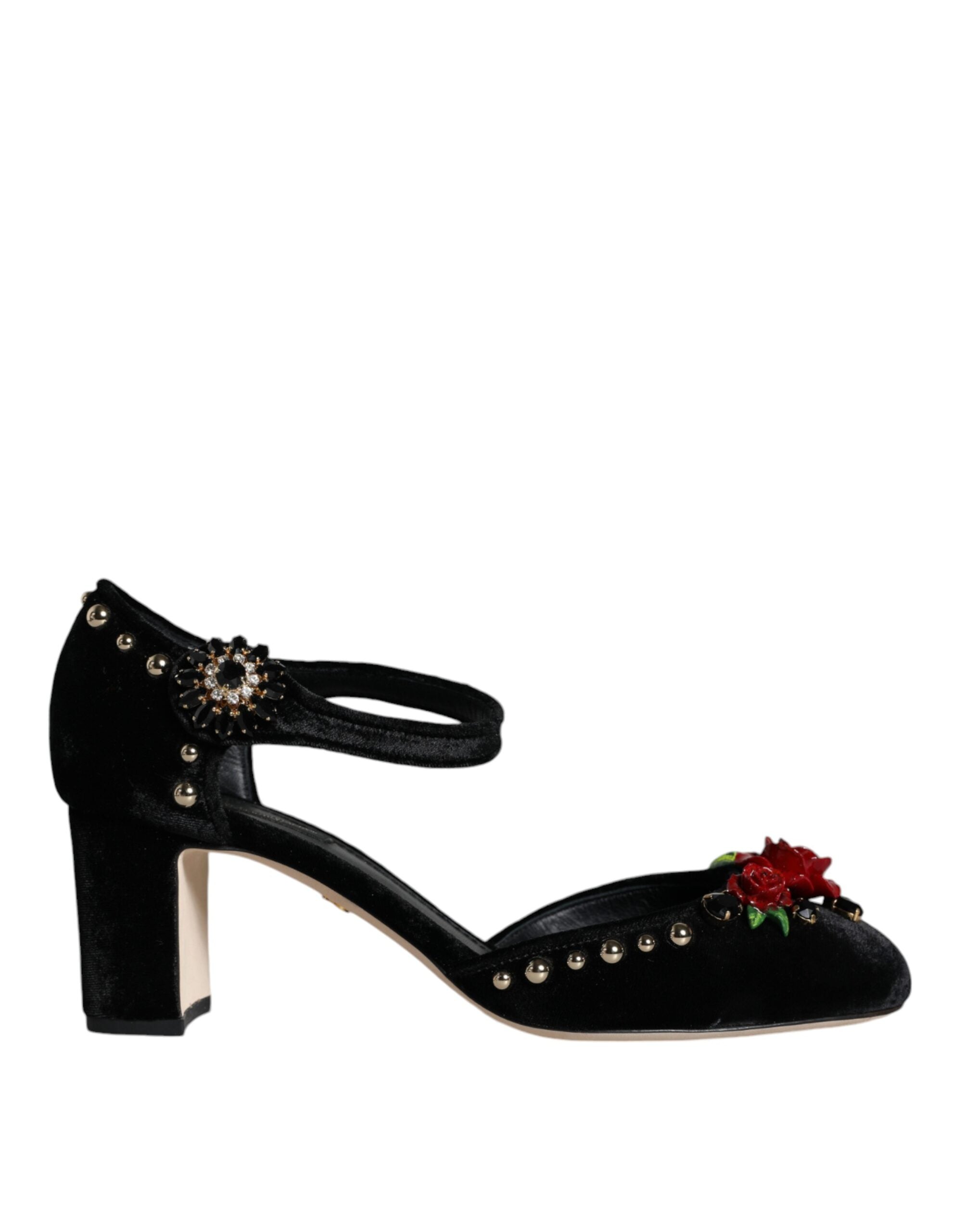 Zapatos de tacón con tira al tobillo y diseño de rosas en terciopelo negro de Dolce & Gabbana-1