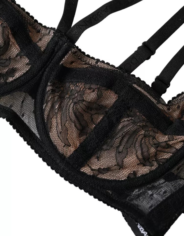 Dolce & Gabbana Black Floral Lace Nylon Balconcino Bra Underwear-4