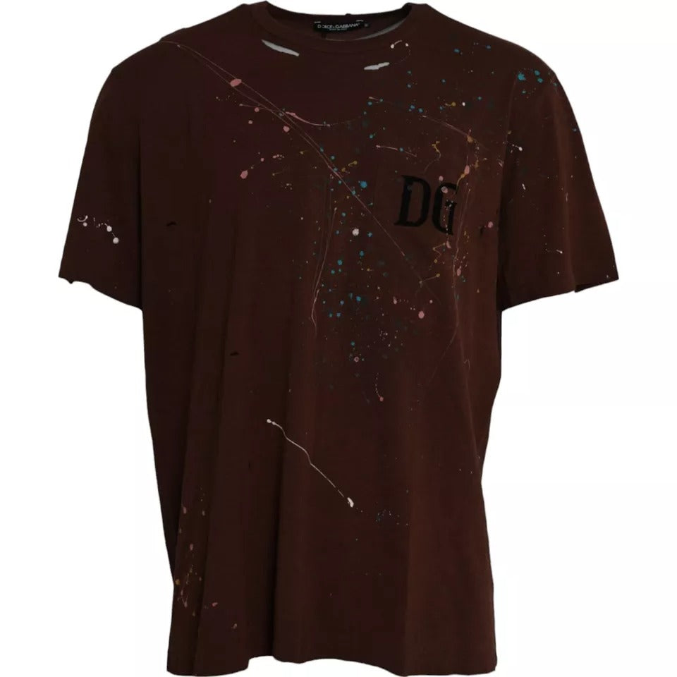 Dolce & Gabbana brown round neck cotton t-shirt with paint splatters
