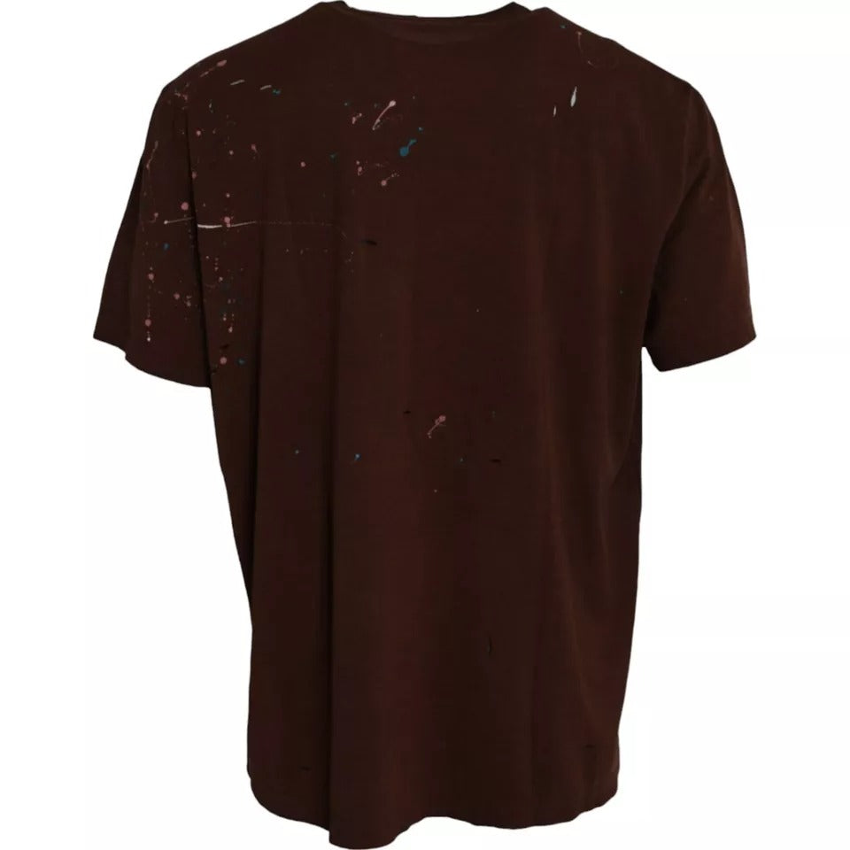Dolce & Gabbana brown round neck cotton t-shirt with paint splatters-5