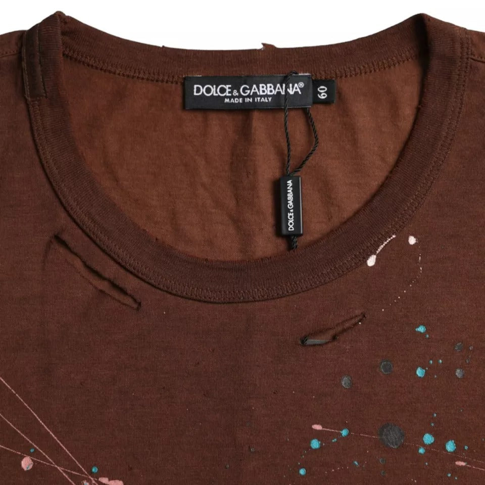 Dolce & Gabbana brown round neck cotton t-shirt with paint splatters-6