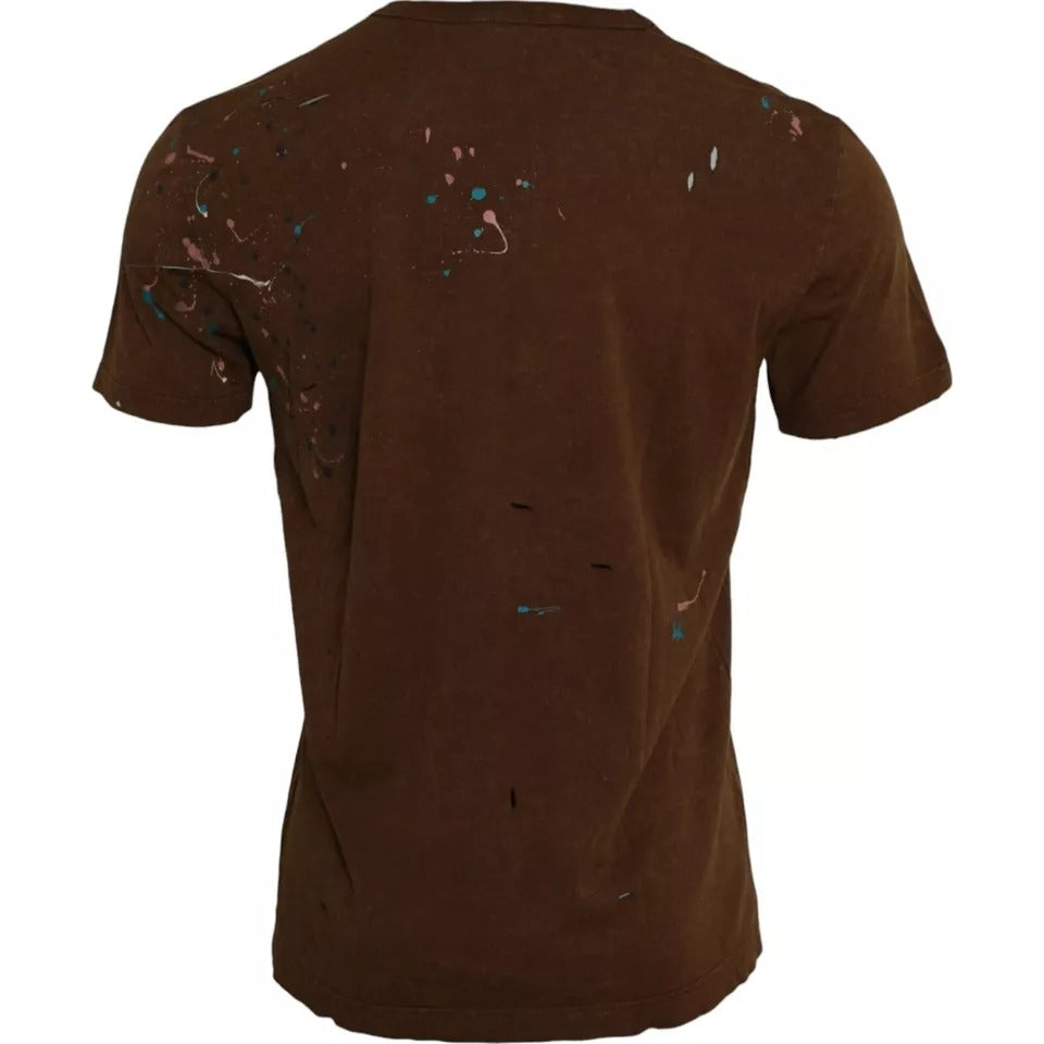 Dolce & Gabbana brown round neck cotton t-shirt with paint splatters-2