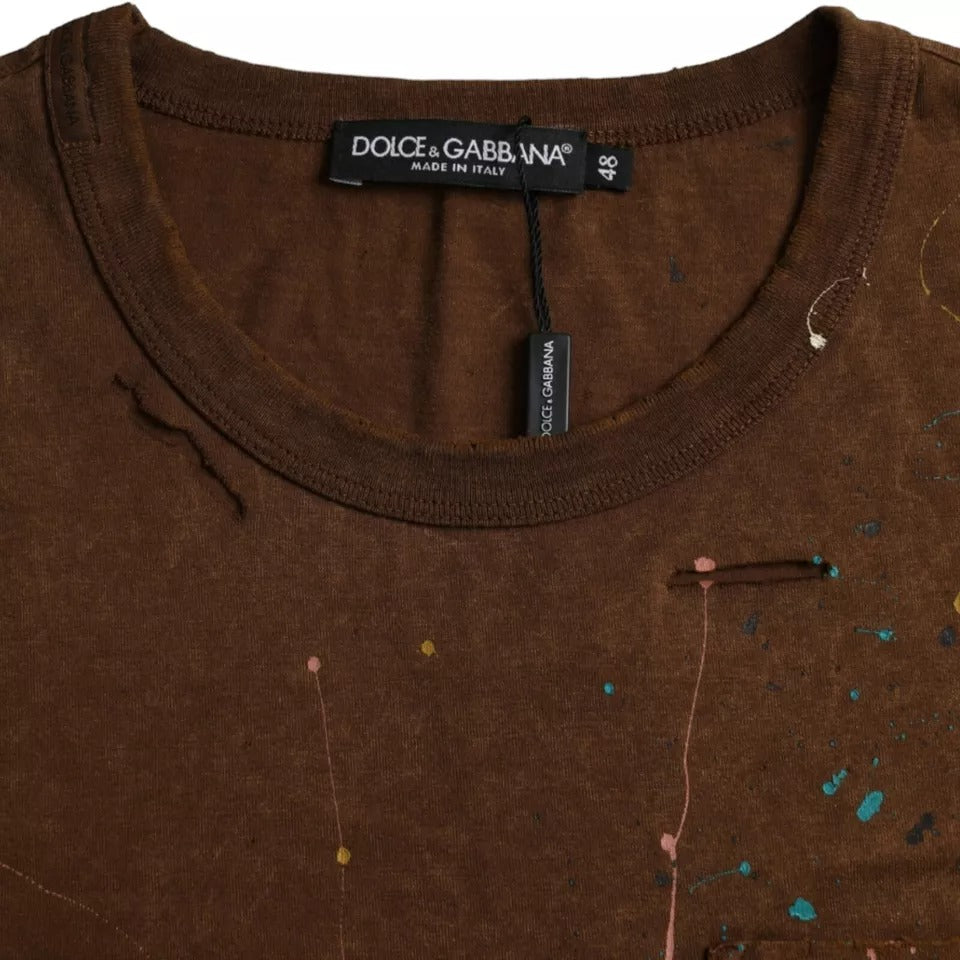 Dolce & Gabbana brown round neck cotton t-shirt with paint splatters-4