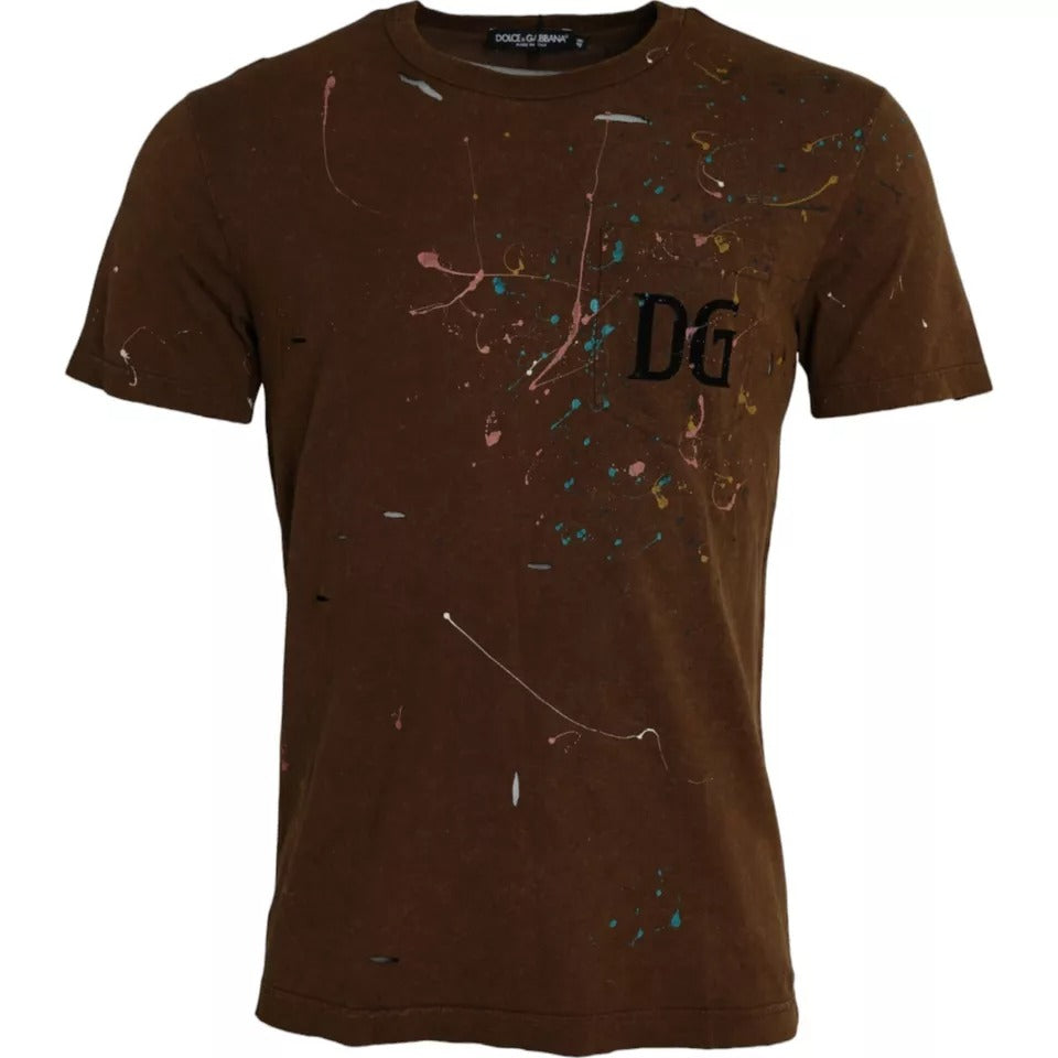Dolce & Gabbana brown round neck cotton t-shirt with paint splatters