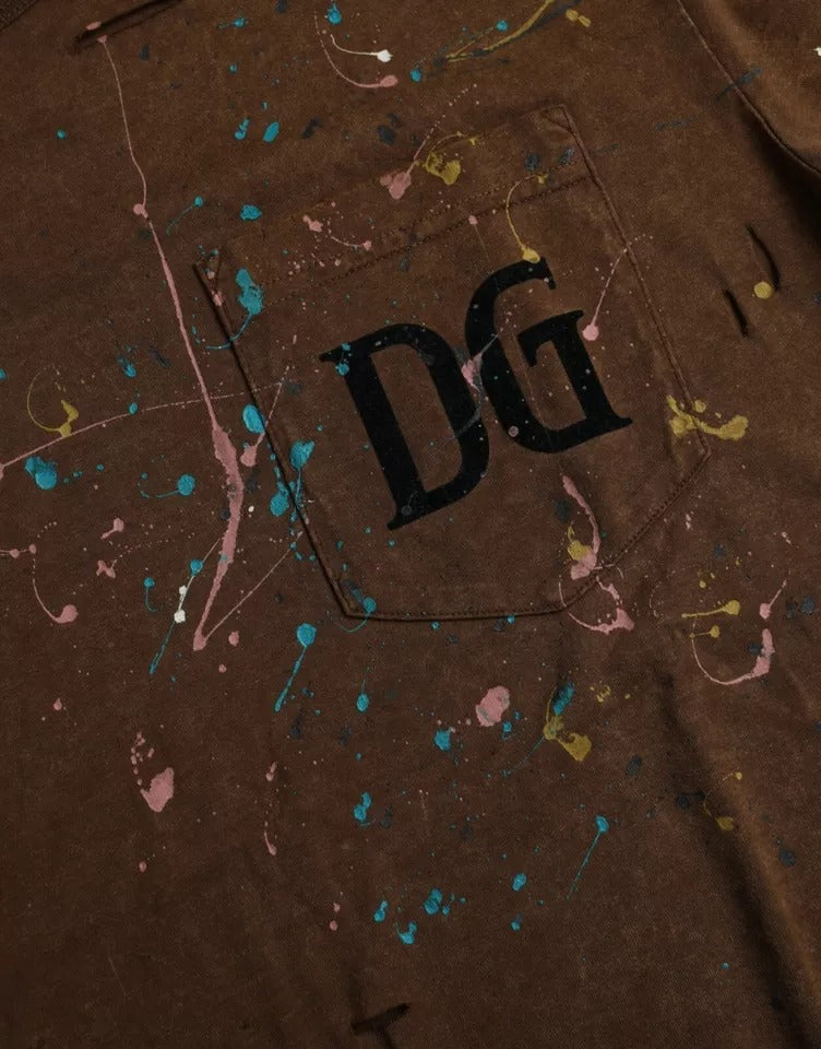 Dolce & Gabbana brown round neck cotton t-shirt with paint splatters-6