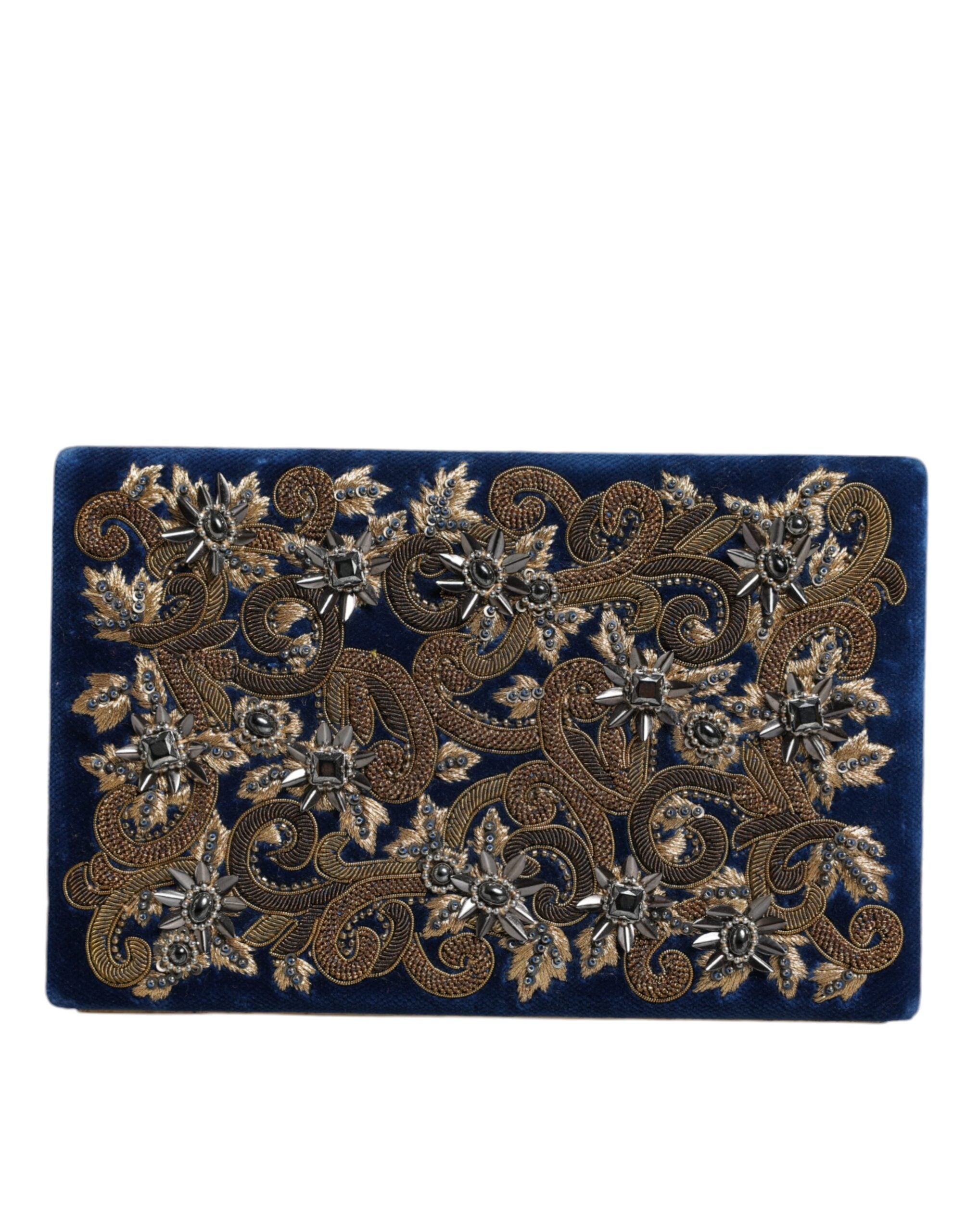 Dolce & Gabbana Blue Velvet Gold Frame Clutch Evening Party Handbag