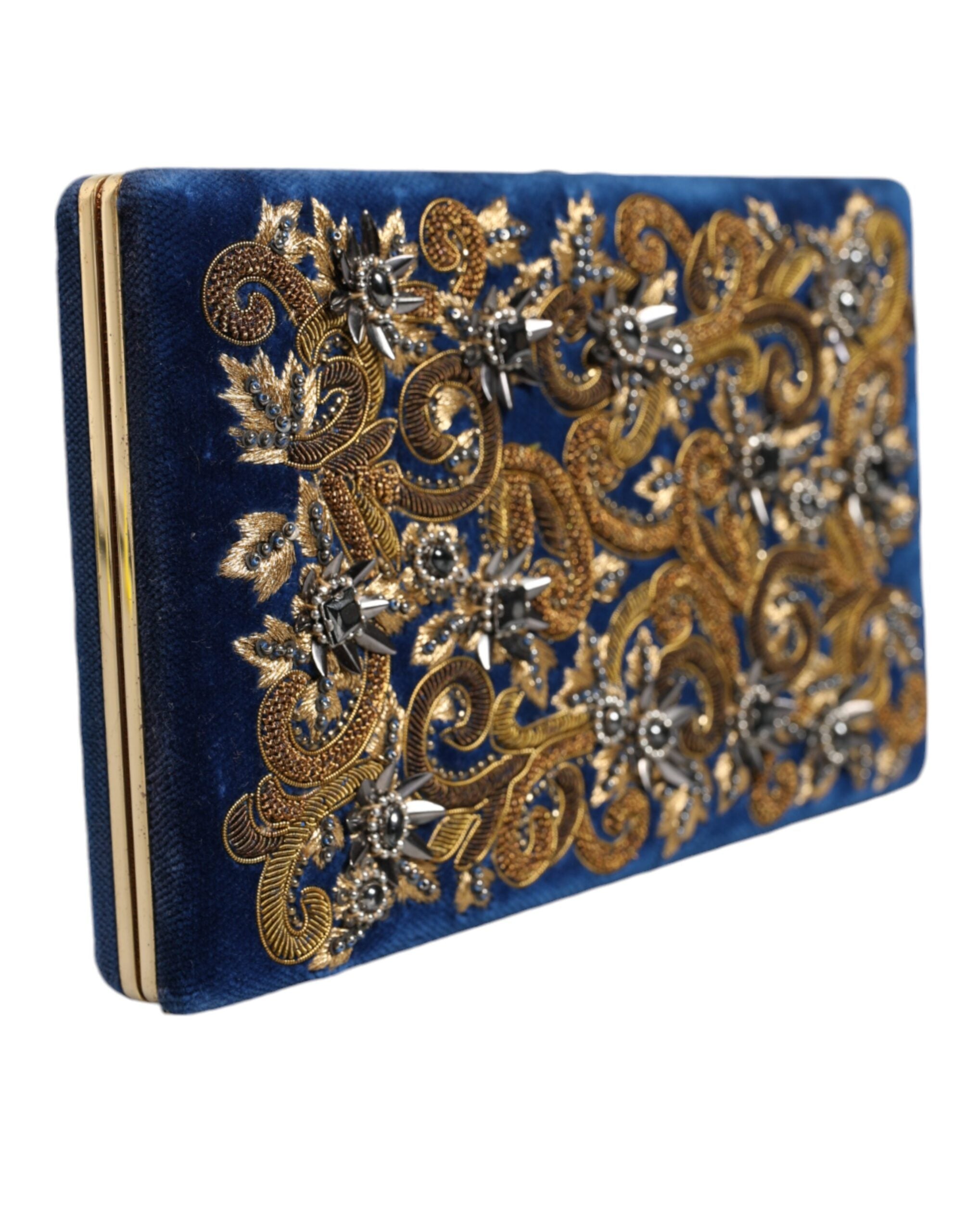 Dolce & Gabbana Blue Velvet Gold Frame Clutch Evening Party Handbag-2