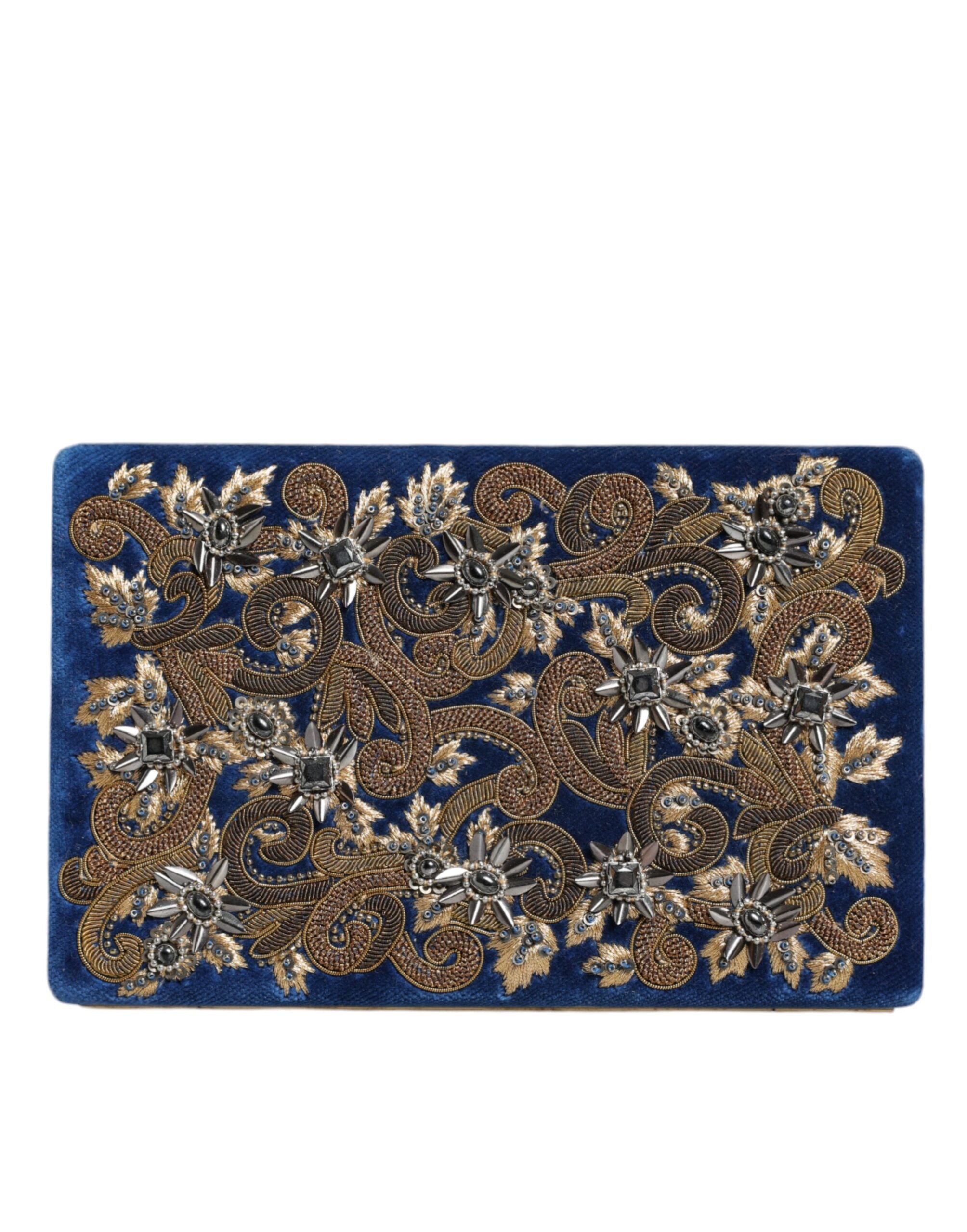 Dolce & Gabbana Blue Velvet Gold Frame Clutch Evening Party Handbag-3