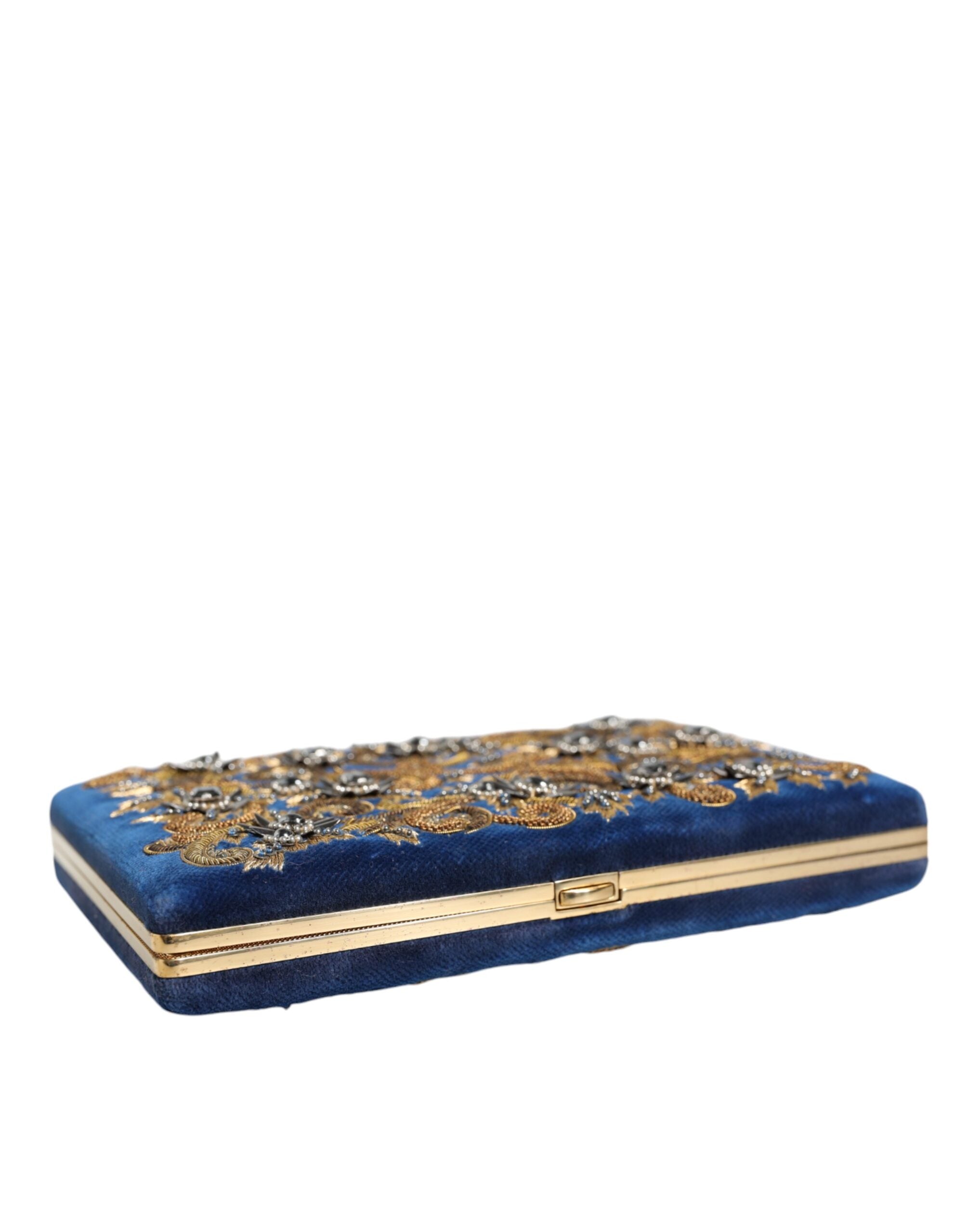 Dolce & Gabbana Blue Velvet Gold Frame Clutch Evening Party Handbag-4