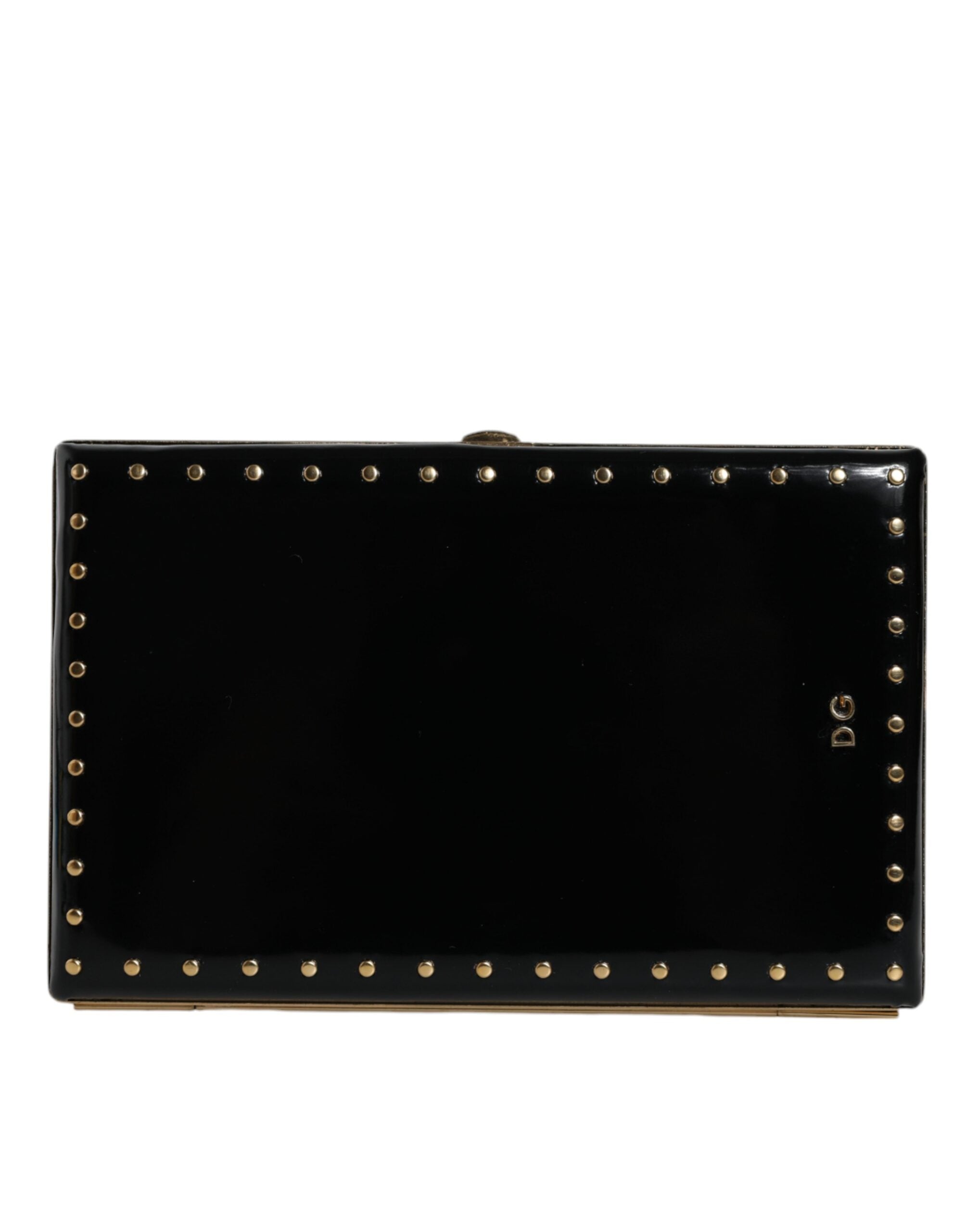 Bolso de noche tipo clutch de piel negra con tachuelas y marco dorado de Dolce & Gabbana-1