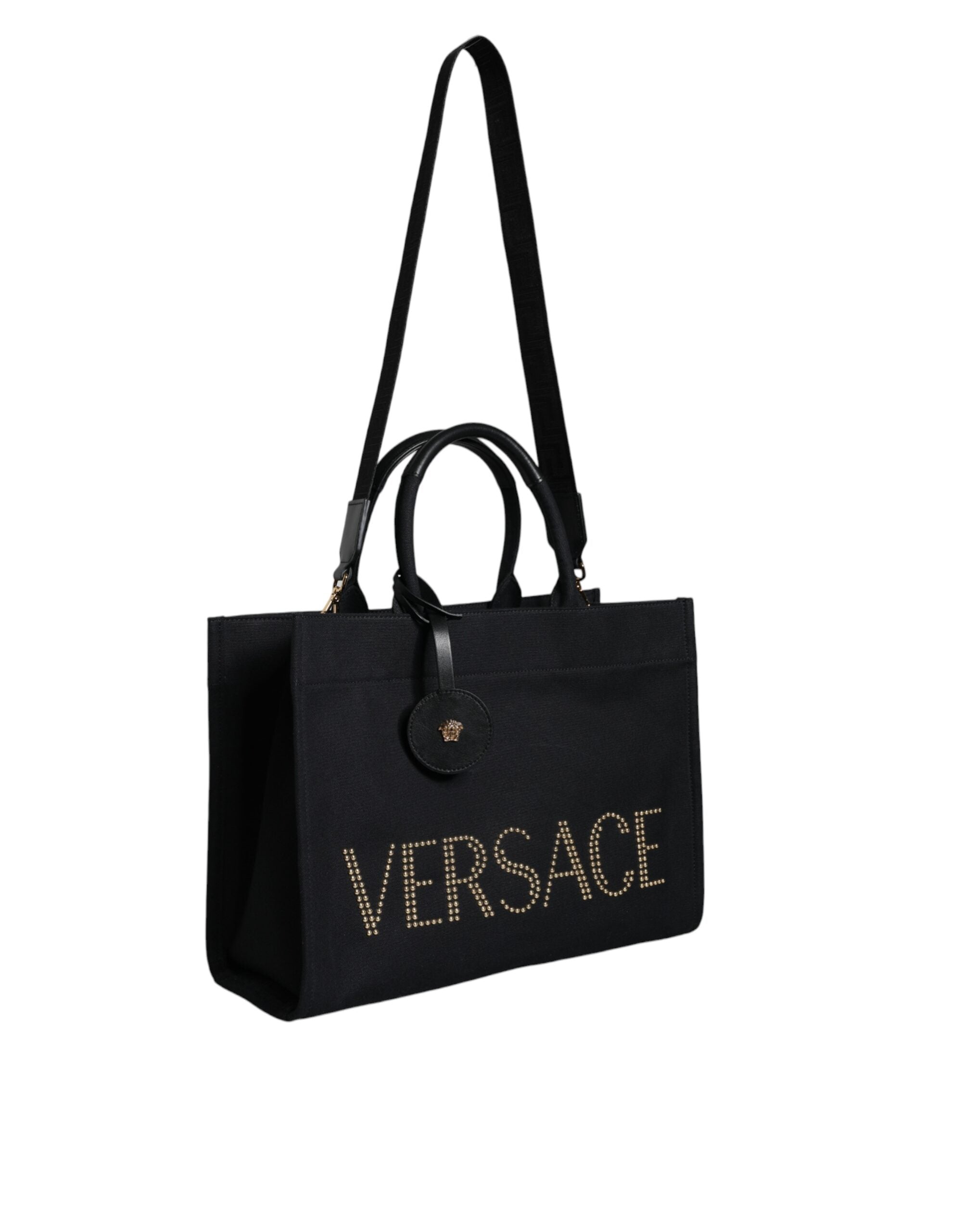 Versace Black Top Handle Canvas Leather Logo Crossbody Tote Bag-2