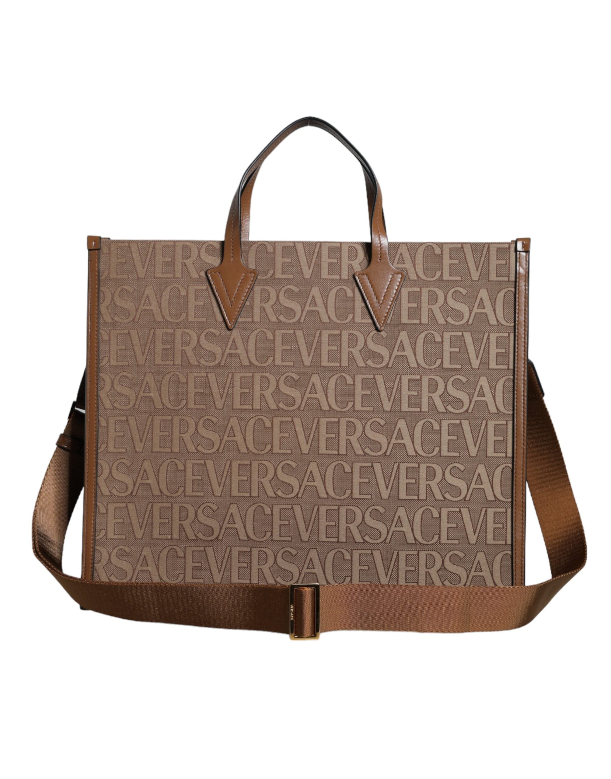 Versace brown jacquard leather logo crossbody bag with top handle
