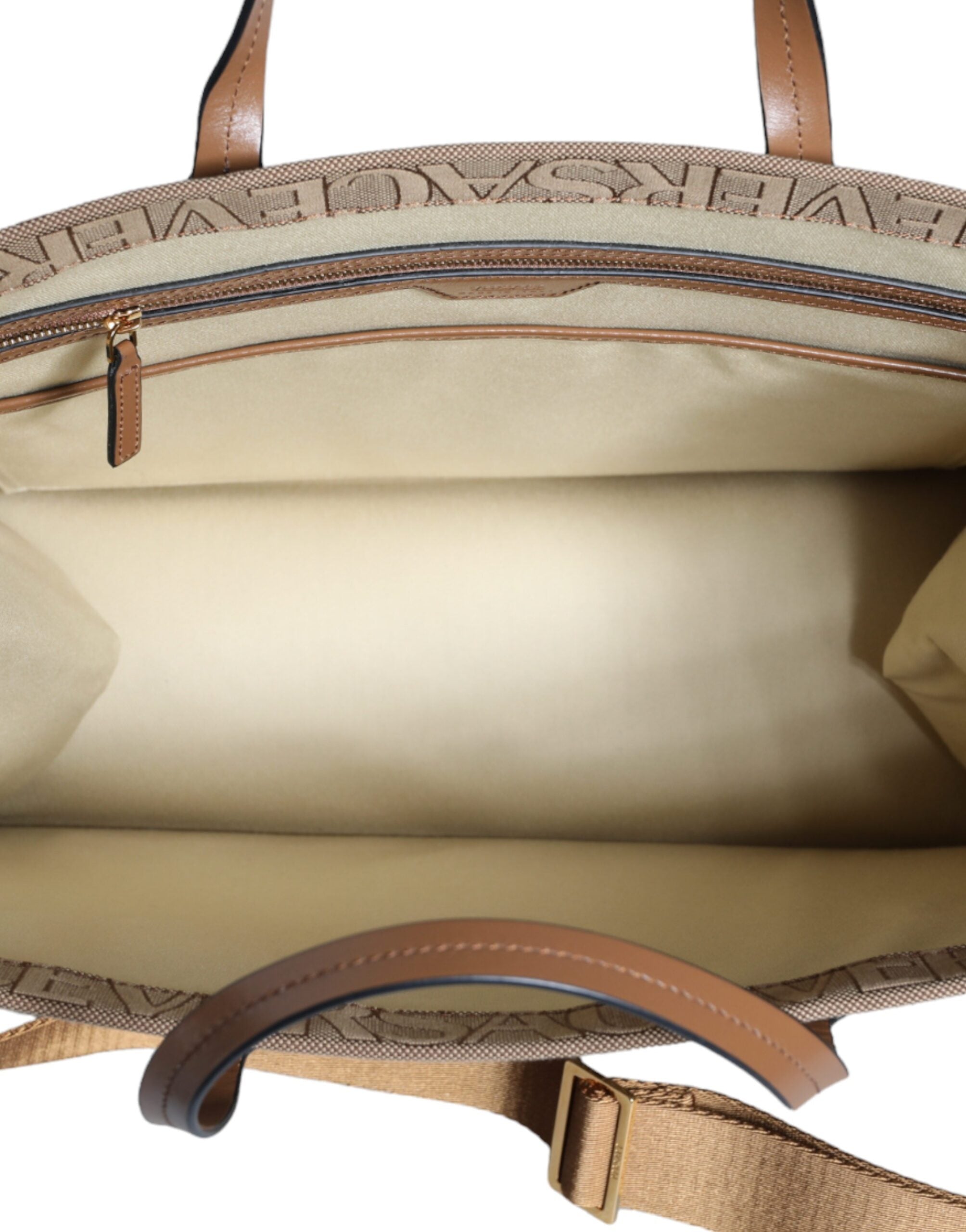 Versace Braune Jacquard-Leder-Logo-Crossbody-Tasche mit Obergriff-8