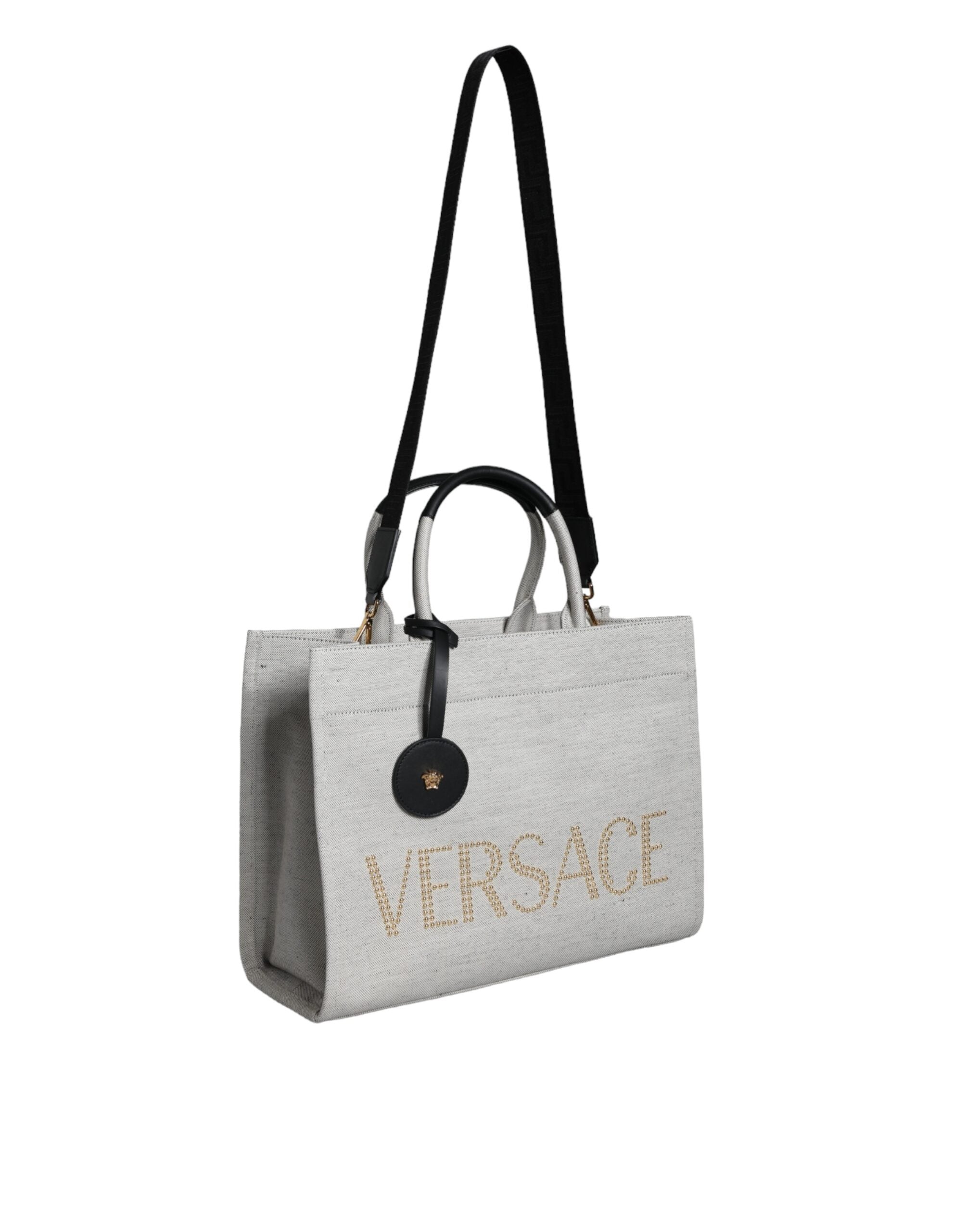 Versace White Top Handle Canvas Leather Logo Crossbody Tote Bag-2