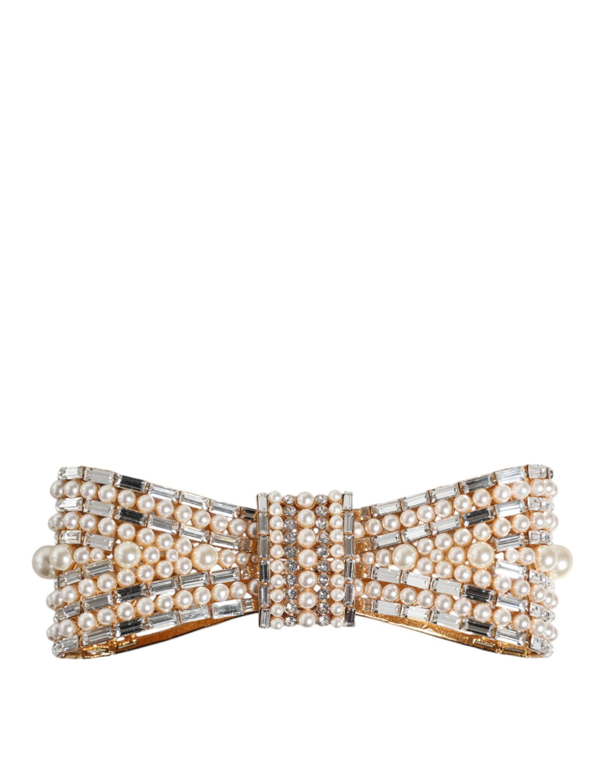 Dolce & Gabbana Gold-tone Brass Bow Crystal FauxPearl Embellished Brooch-2