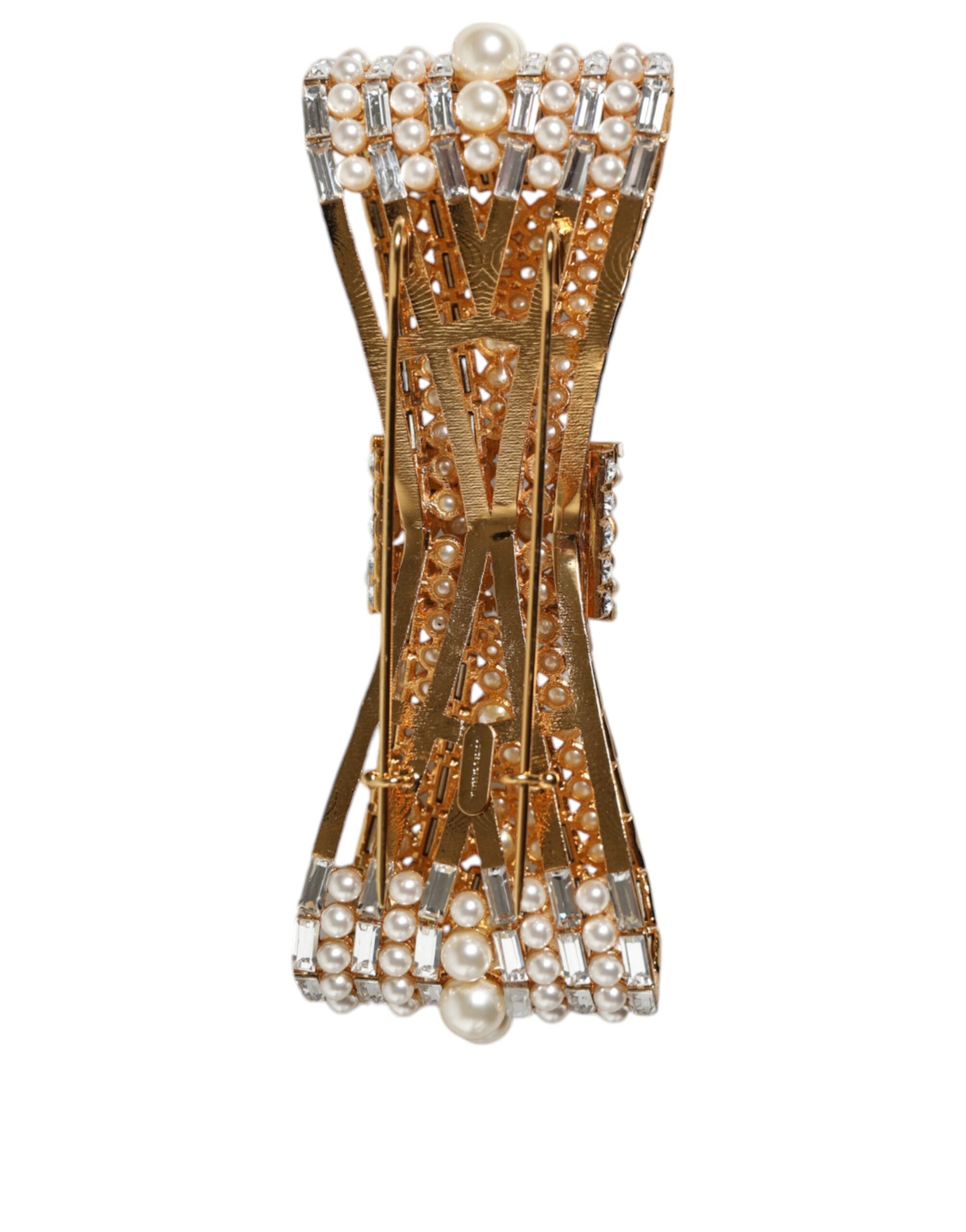 Dolce & Gabbana Gold-tone Brass Bow Crystal FauxPearl Embellished Brooch-3