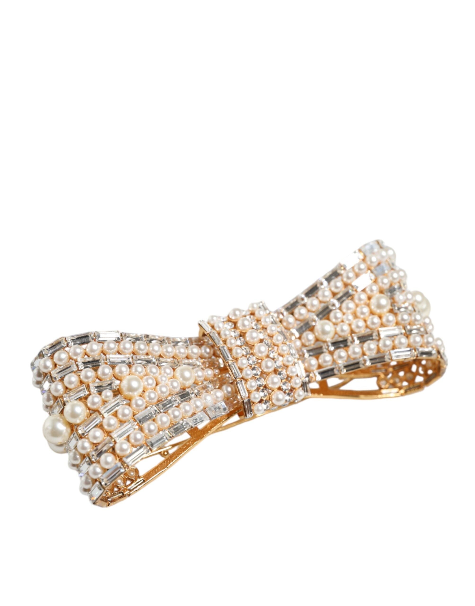 Dolce & Gabbana Gold-tone Brass Bow Crystal FauxPearl Embellished Brooch-1