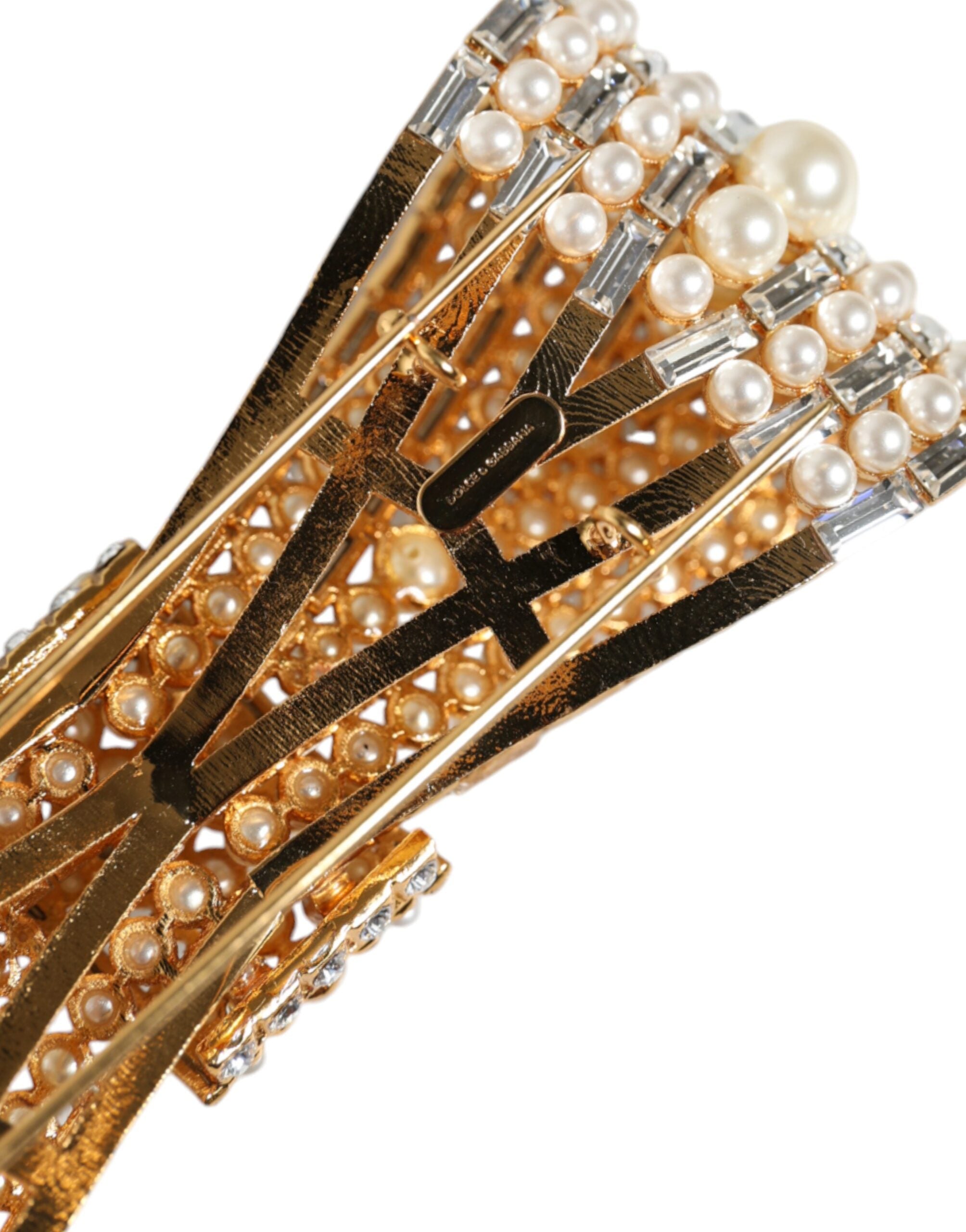 Dolce & Gabbana Gold-tone Brass Bow Crystal FauxPearl Embellished Brooch-5