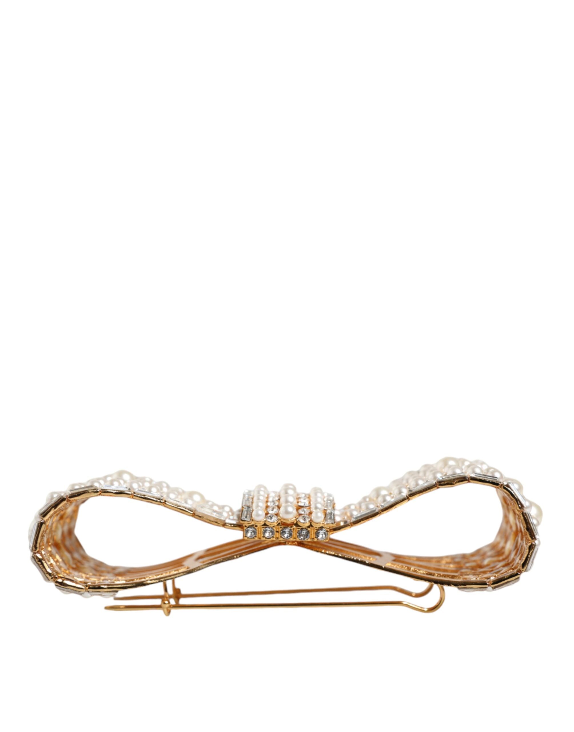 Dolce & Gabbana Gold-tone Brass Bow Crystal FauxPearl Embellished Brooch-6