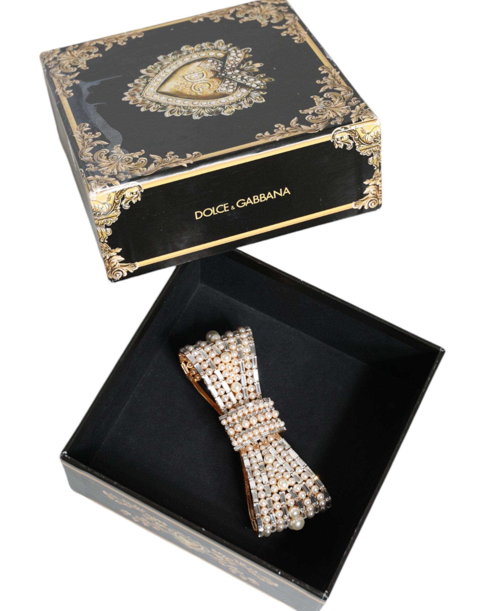 Dolce & Gabbana Gold-tone Brass Bow Crystal FauxPearl Embellished Brooch-7