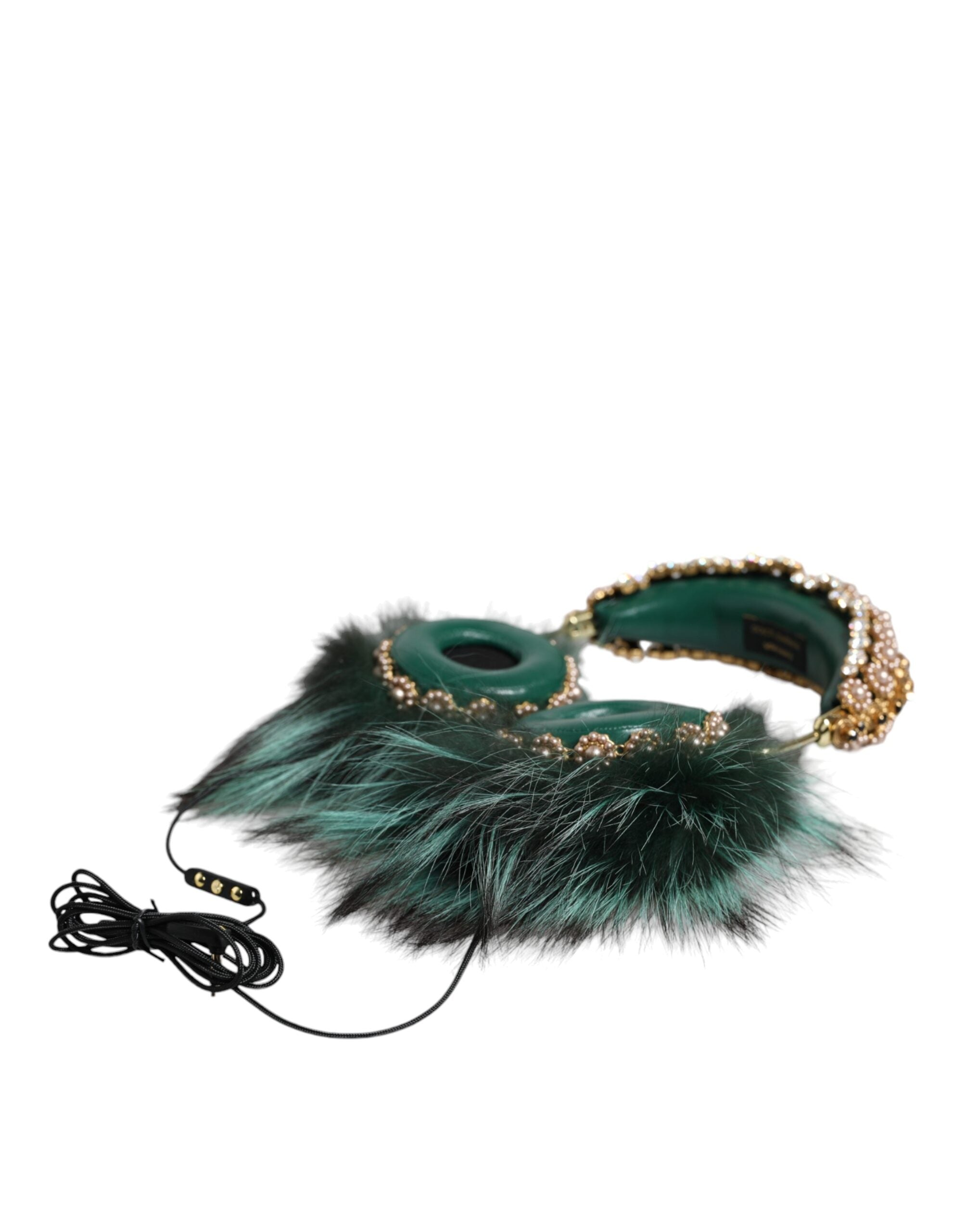 Dolce & Gabbana Green Gold Crystal Fur Headset Audio AUX Headphones-2