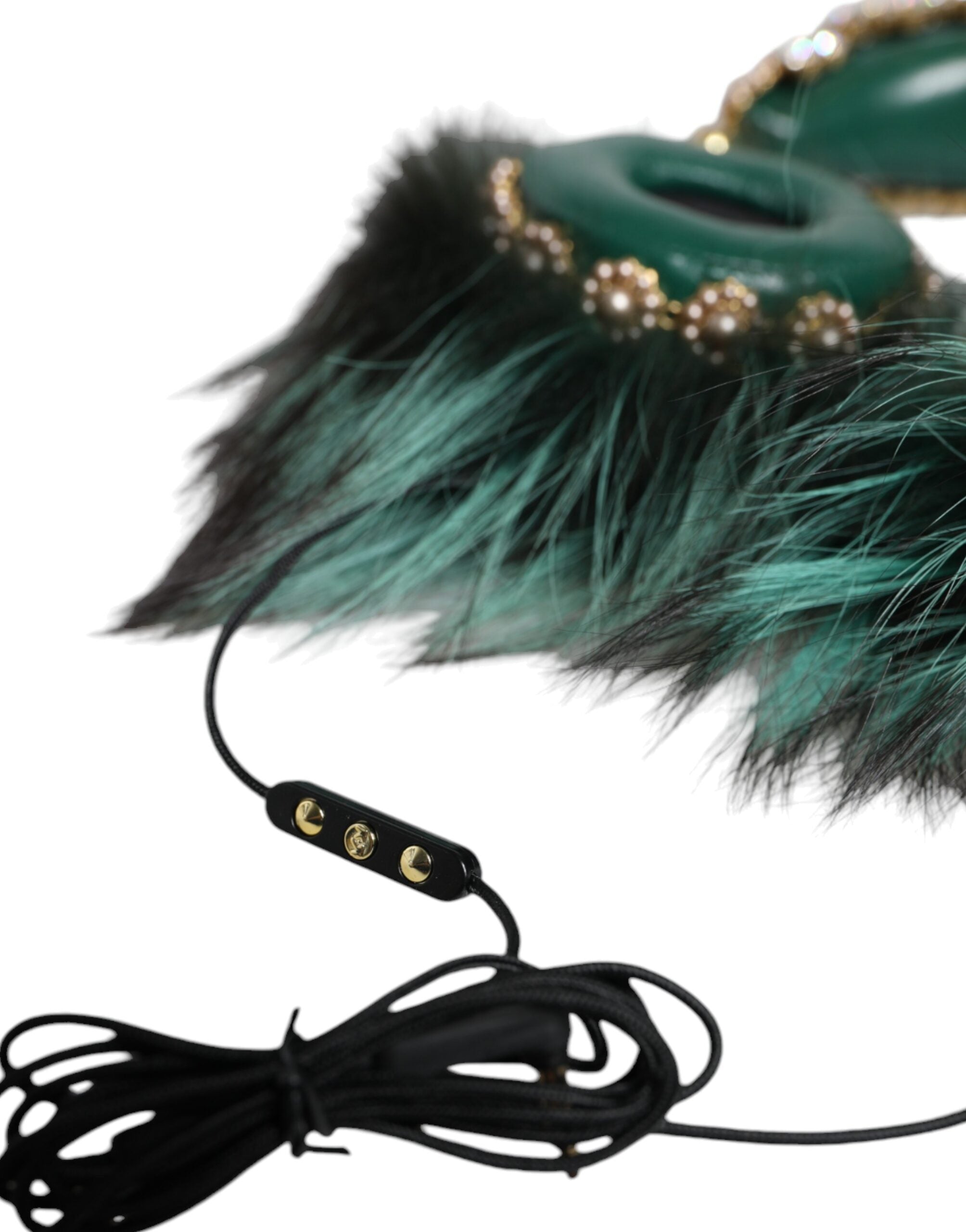 Dolce & Gabbana Green Gold Crystal Fur Headset Audio AUX Headphones-3