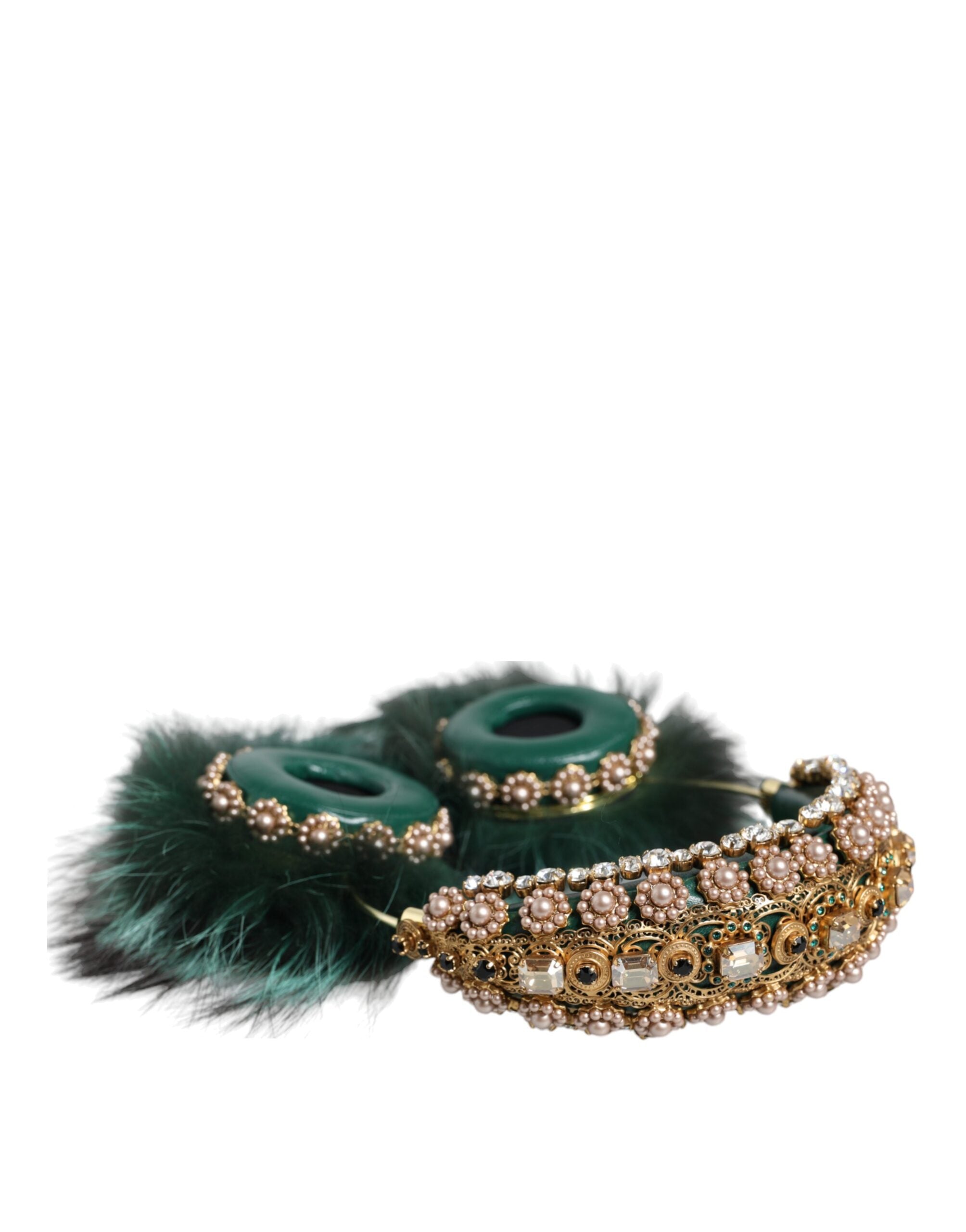 Dolce & Gabbana Green Gold Crystal Fur Headset Audio AUX Headphones-6
