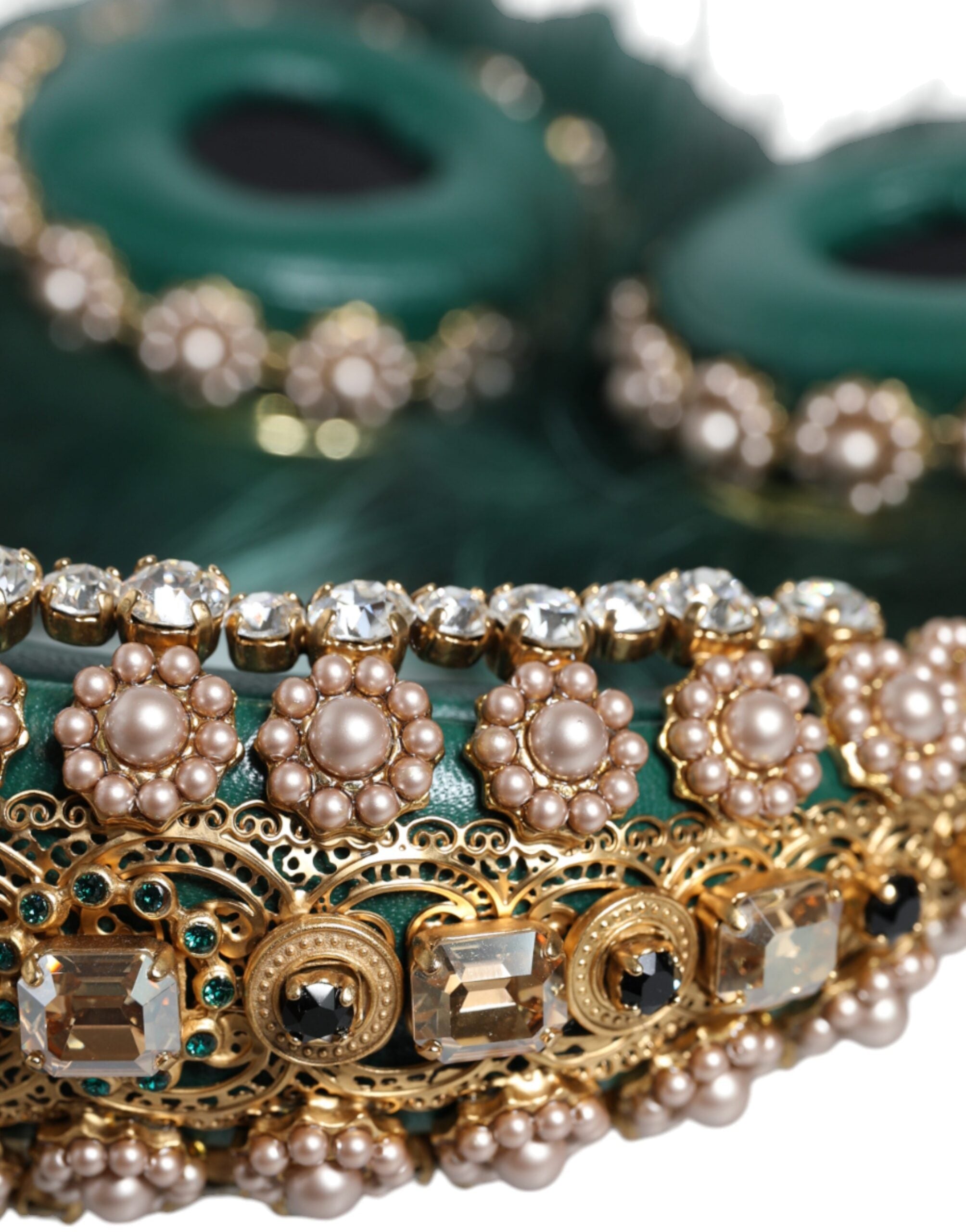 Dolce & Gabbana Green Gold Crystal Fur Headset Audio AUX Headphones-7