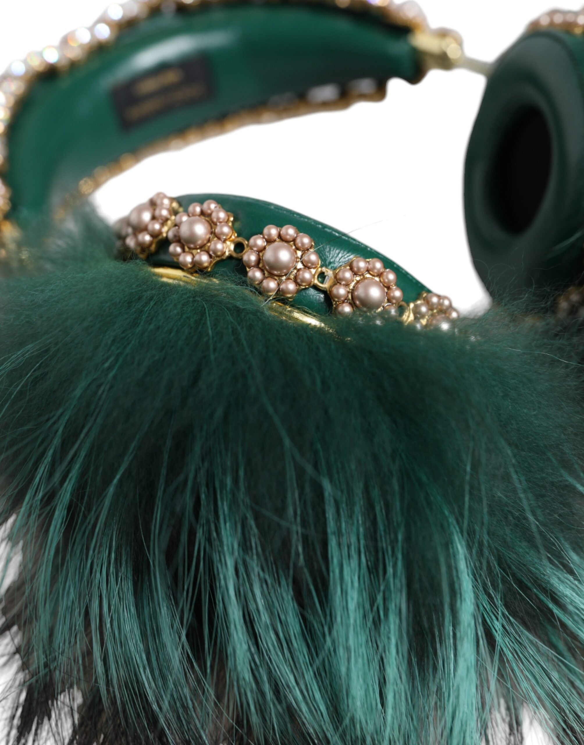 Dolce & Gabbana Green Gold Crystal Fur Headset Audio AUX Headphones-8