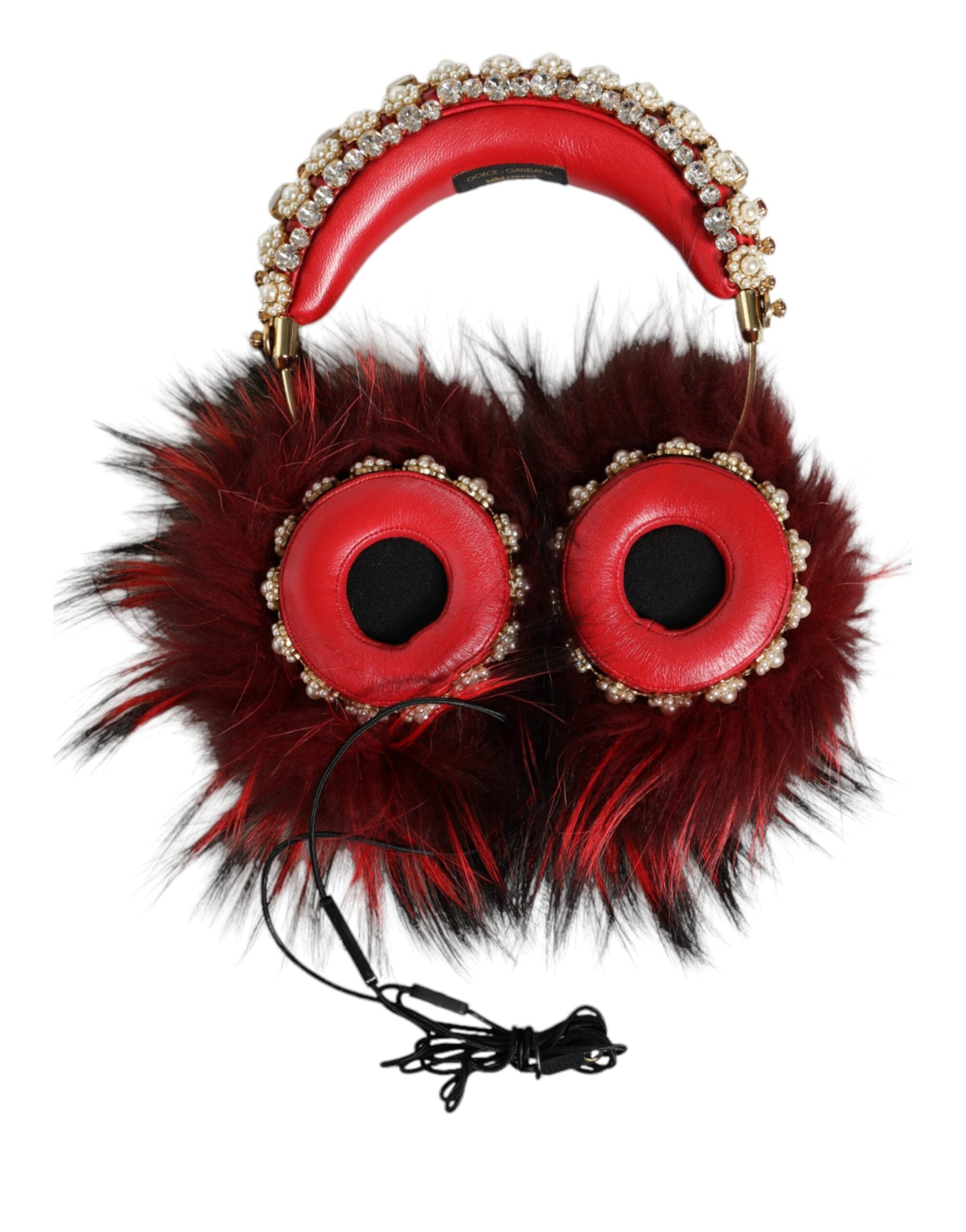 Dolce & Gabbana Red Gold Crystal Fur Headset Audio AUX Headphones-7