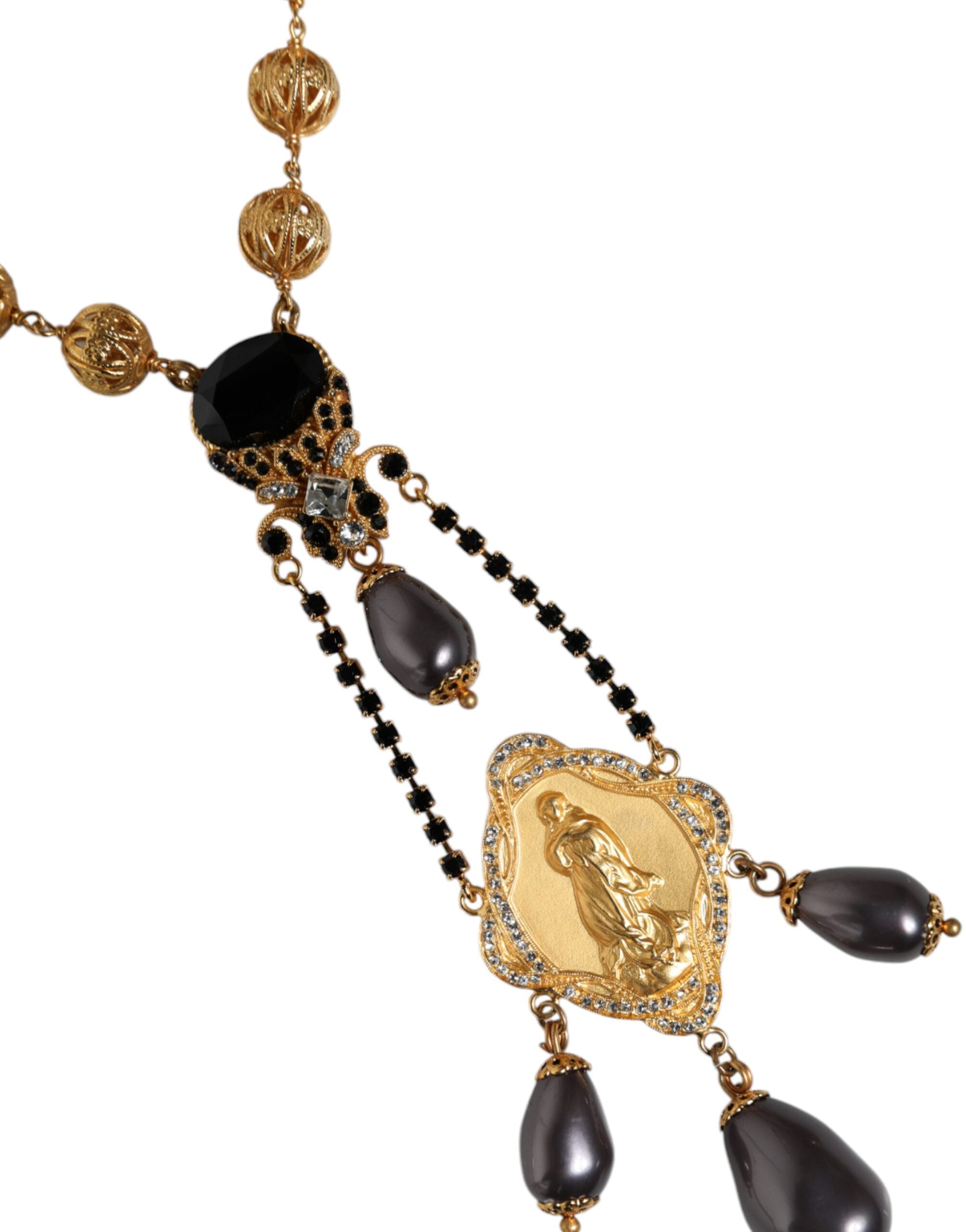 Collar estilo rosario con cuentas negras de latón y cadena dorada de Dolce & Gabbana-3
