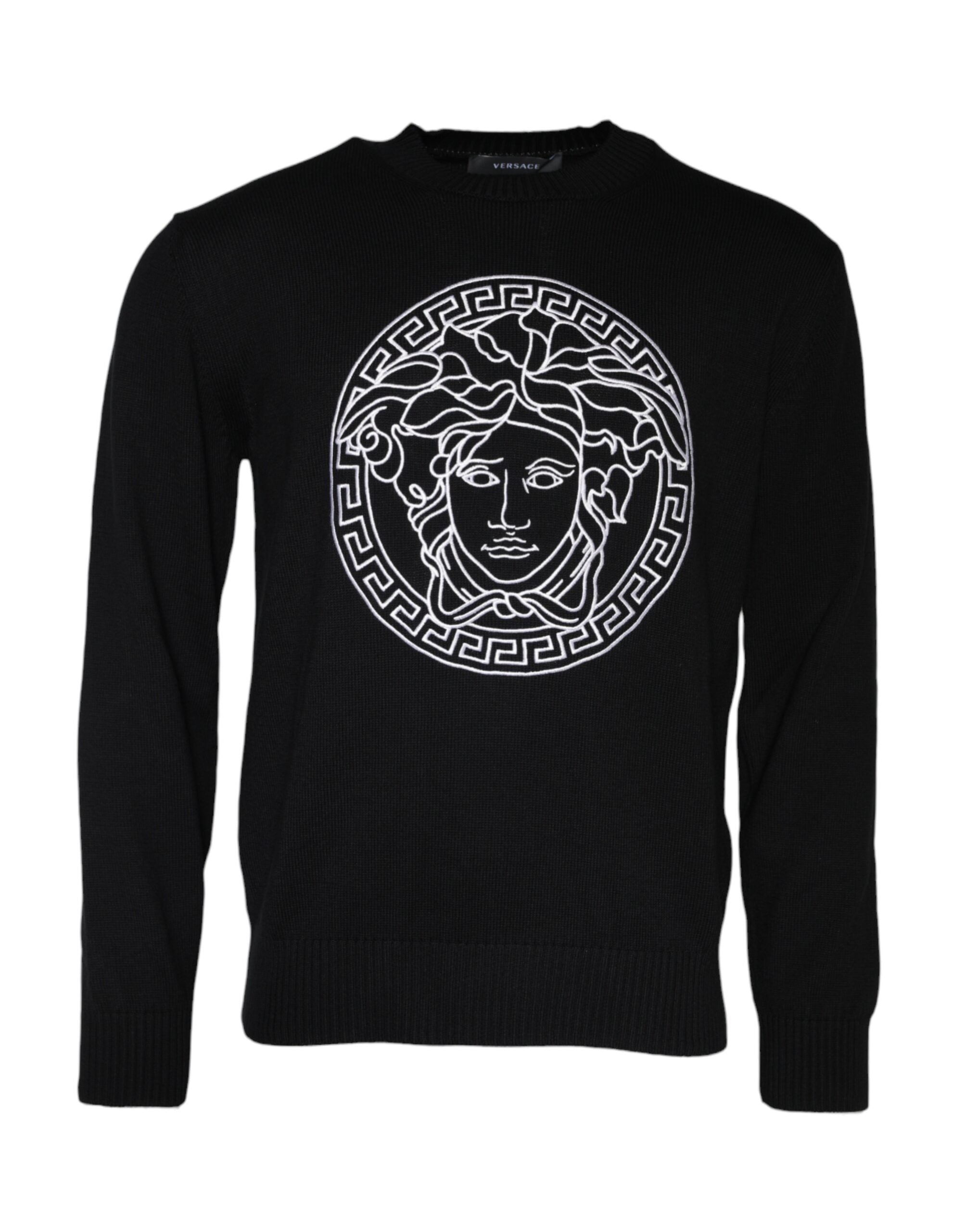 Versace black sweater with Medusa embroidery and round neck