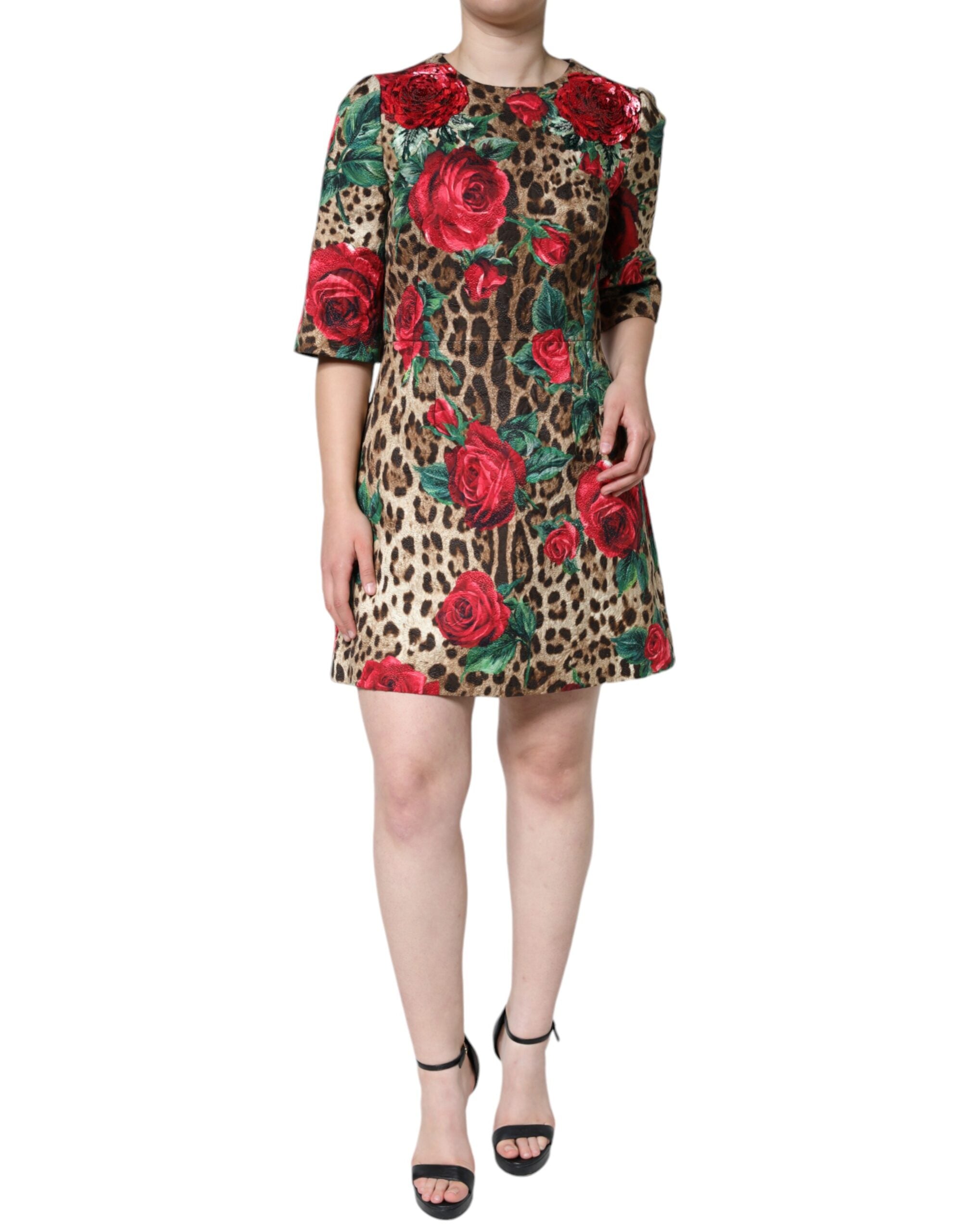 Dolce & Gabbana Braunes Leopardenkleid mit roten Rosen aus Baumwolle in A-Linie-2